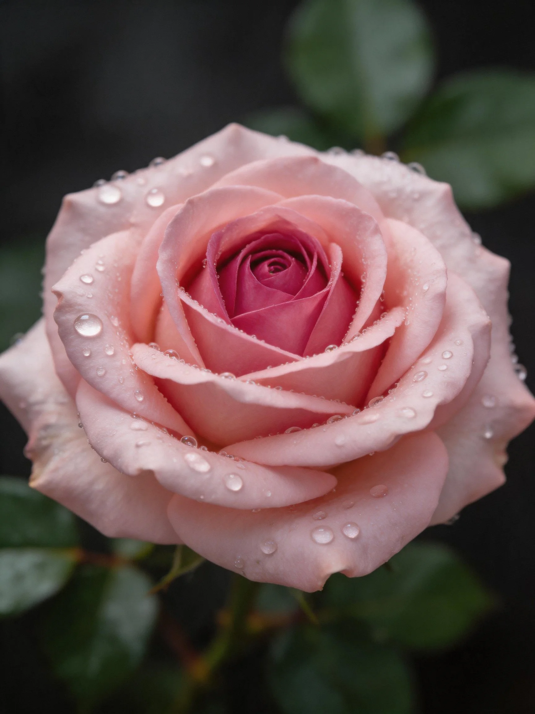A delicate pink rose adorned with numerous dewdrops