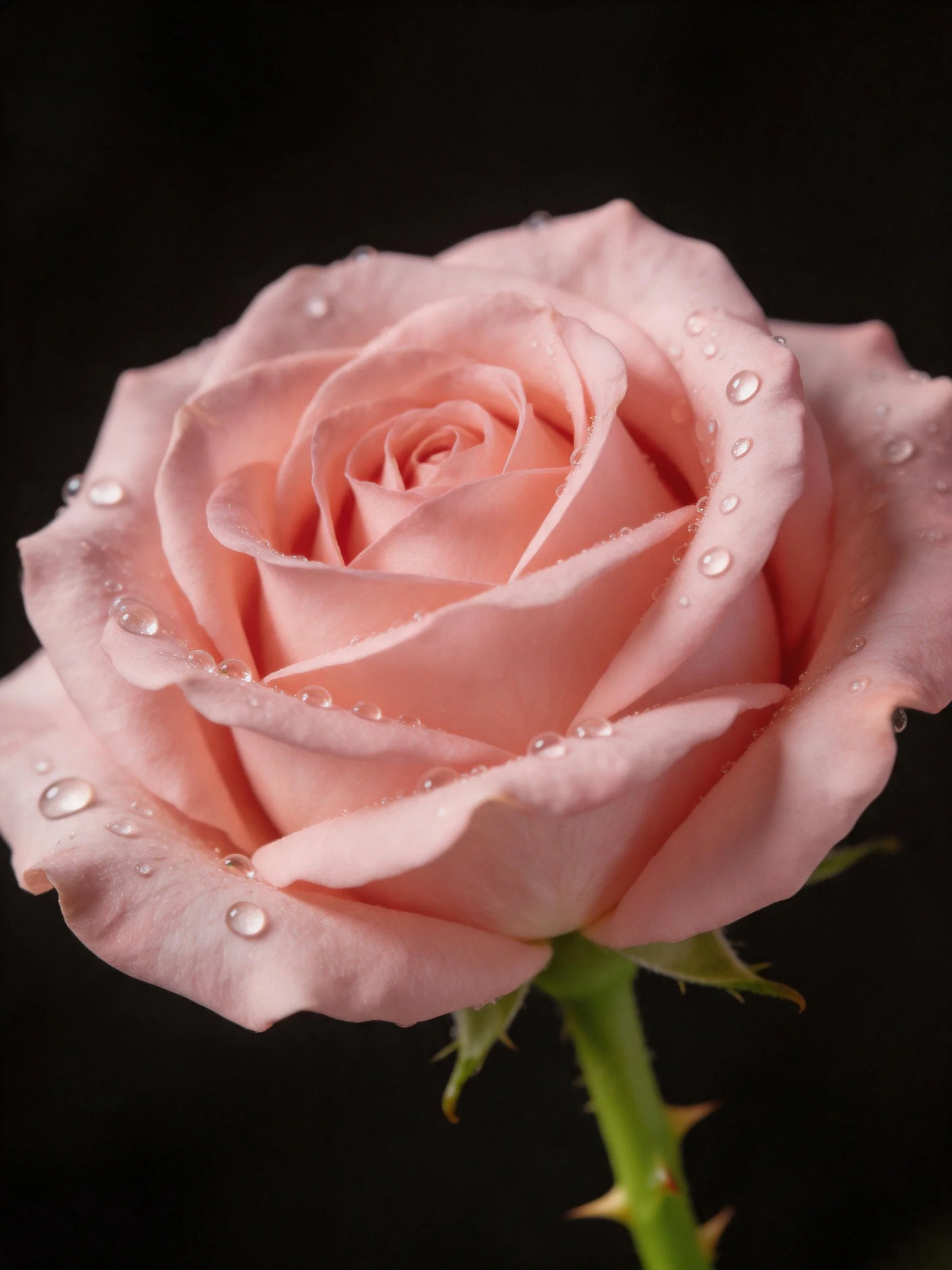 A delicate pink rose adorned with water droplets on a black backdrop