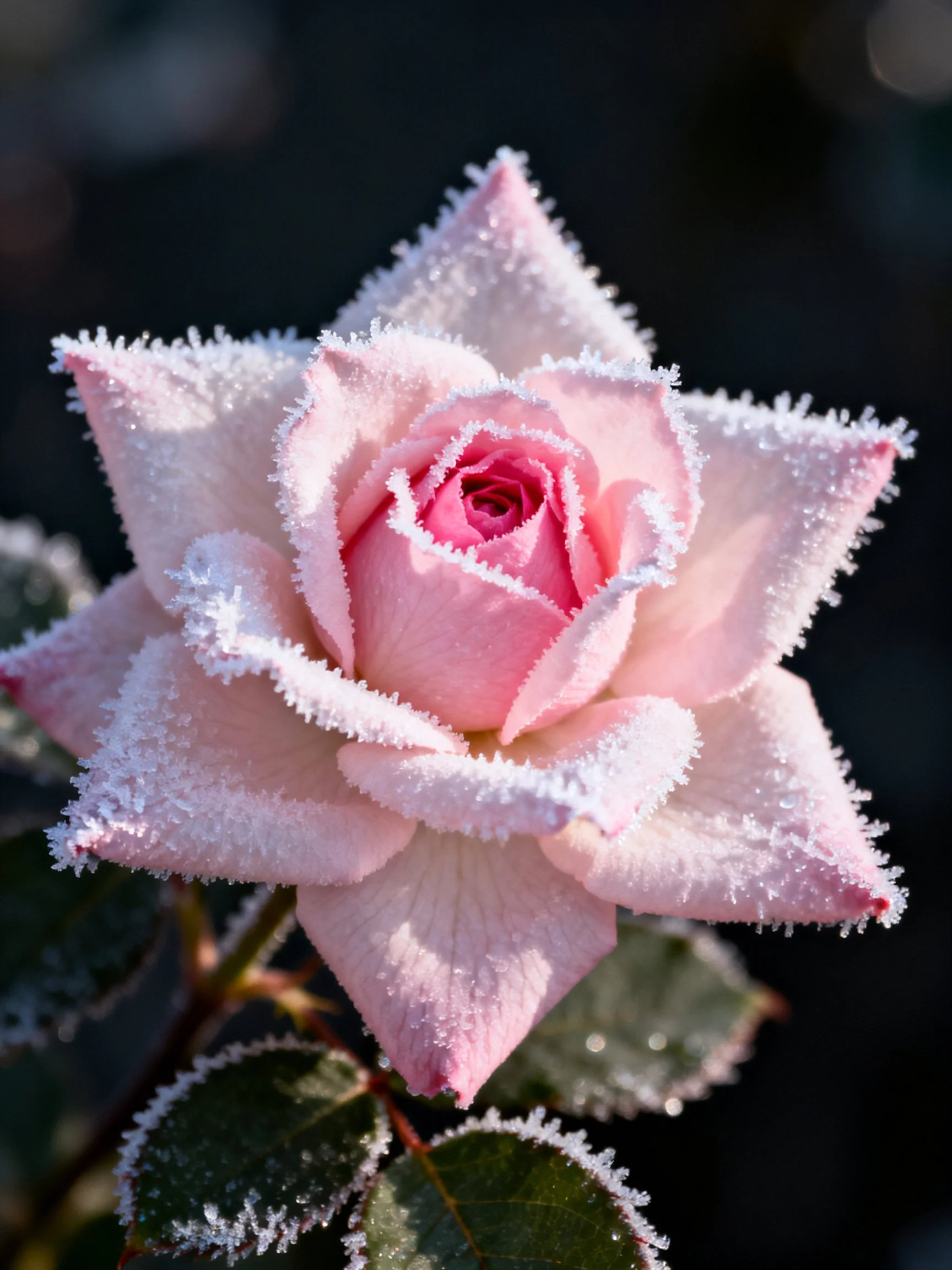 A delicate pink rose blanketed in frost crystals