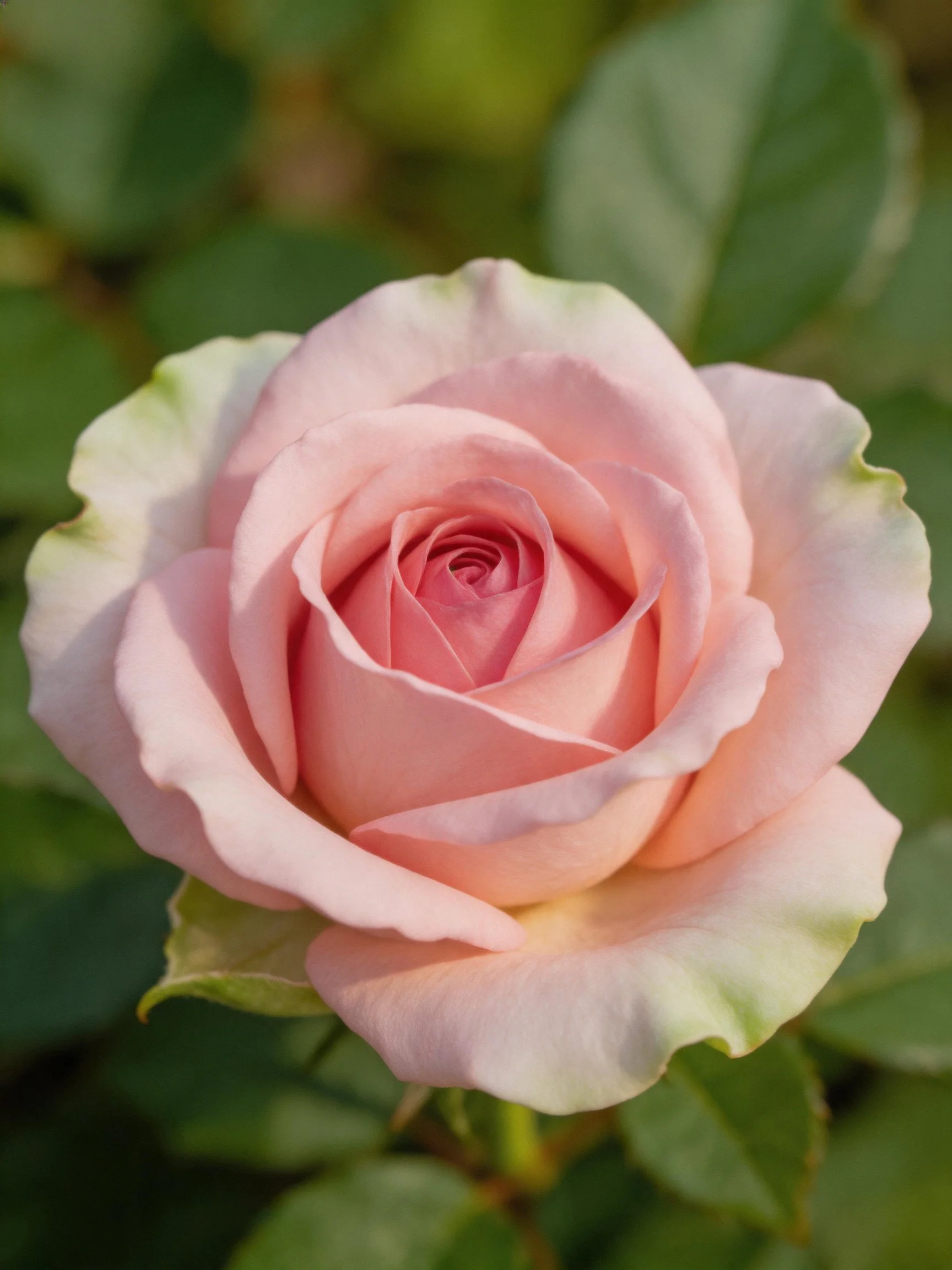 A delicate pink rose blooming among green leaves