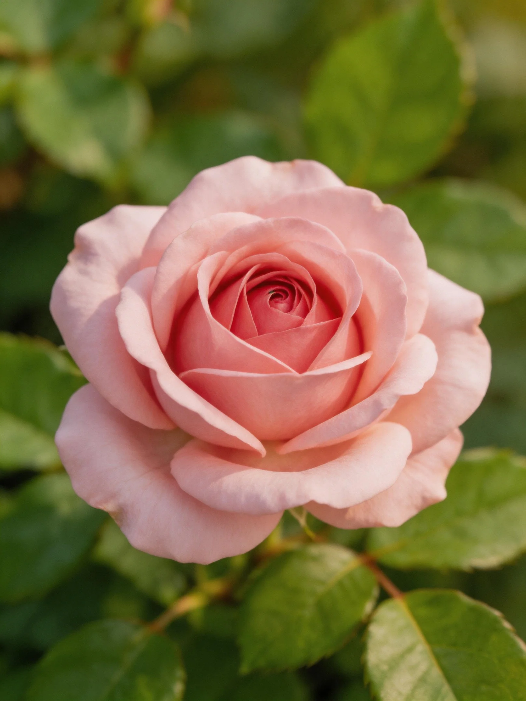 A delicate pink rose blooming among lush green foliage