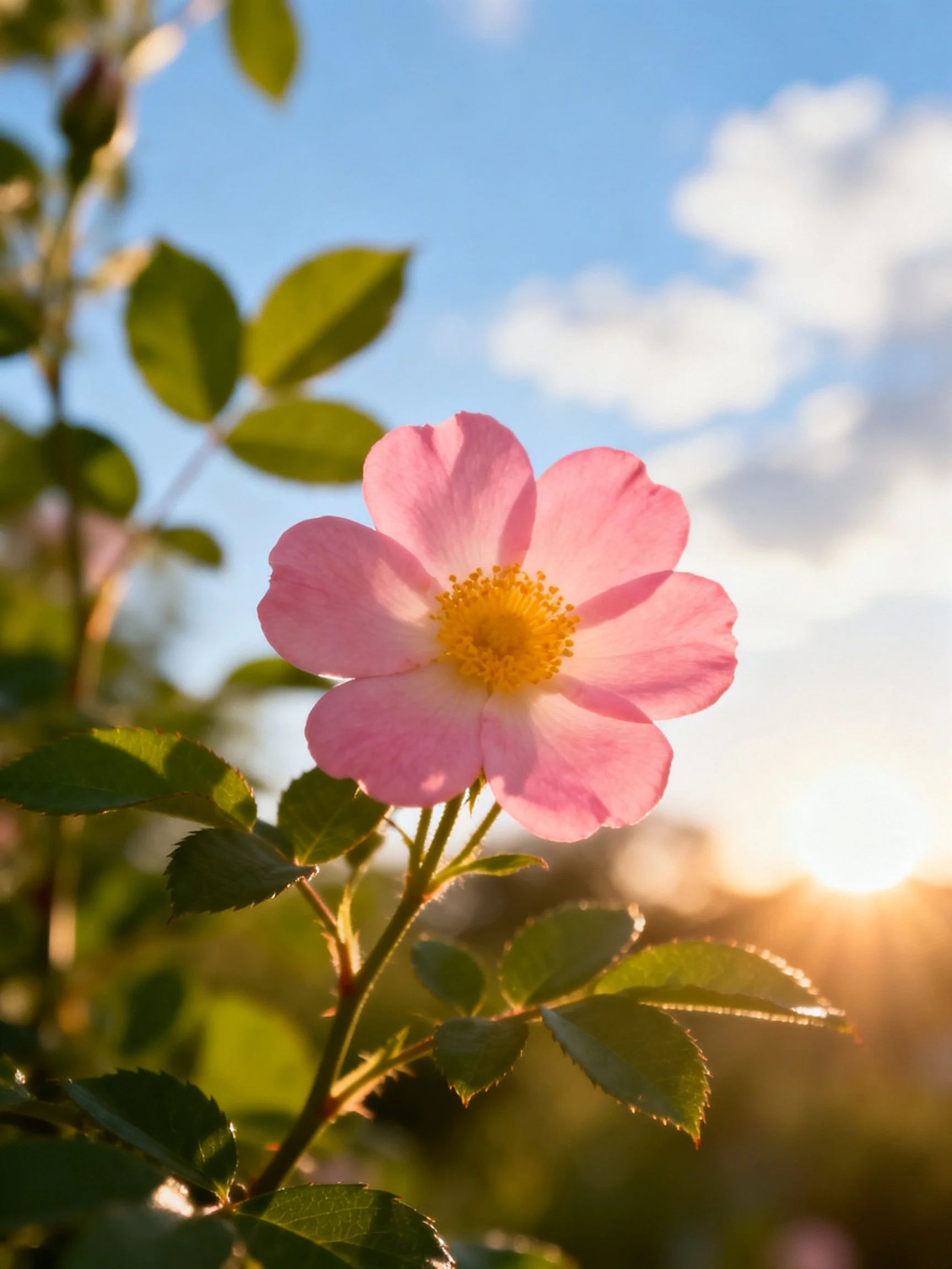 A delicate pink rose blooms against a bright blue sky