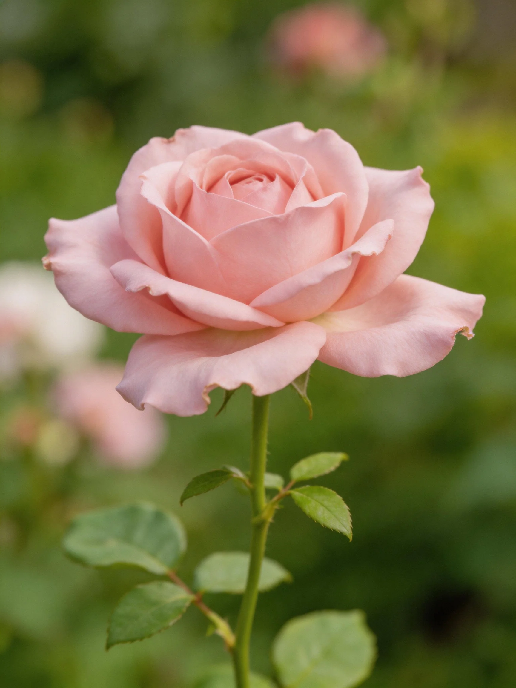 A delicate pink rose blooms against a soft green backdrop