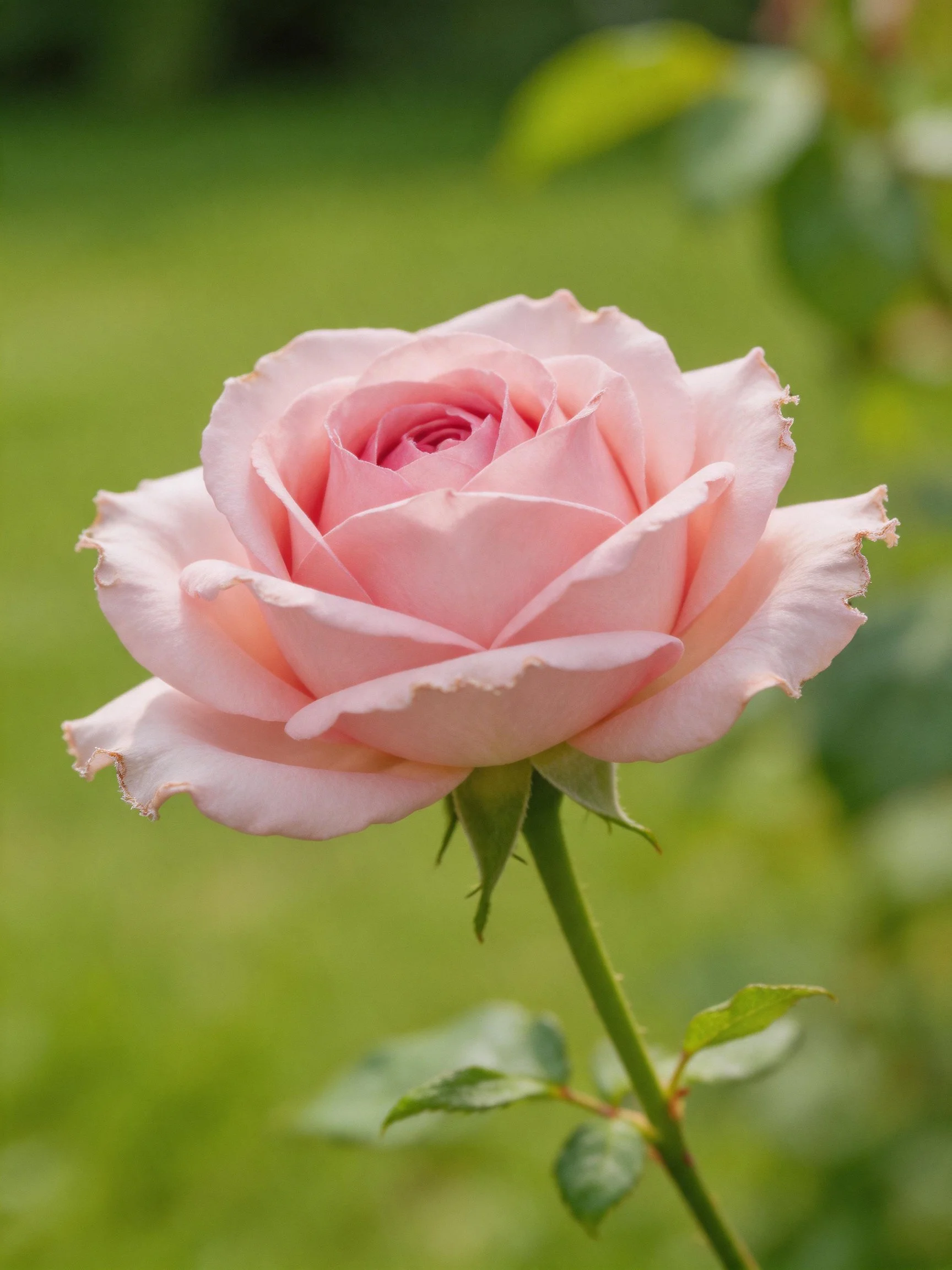A delicate pink rose blooms against a soft green blurred background.