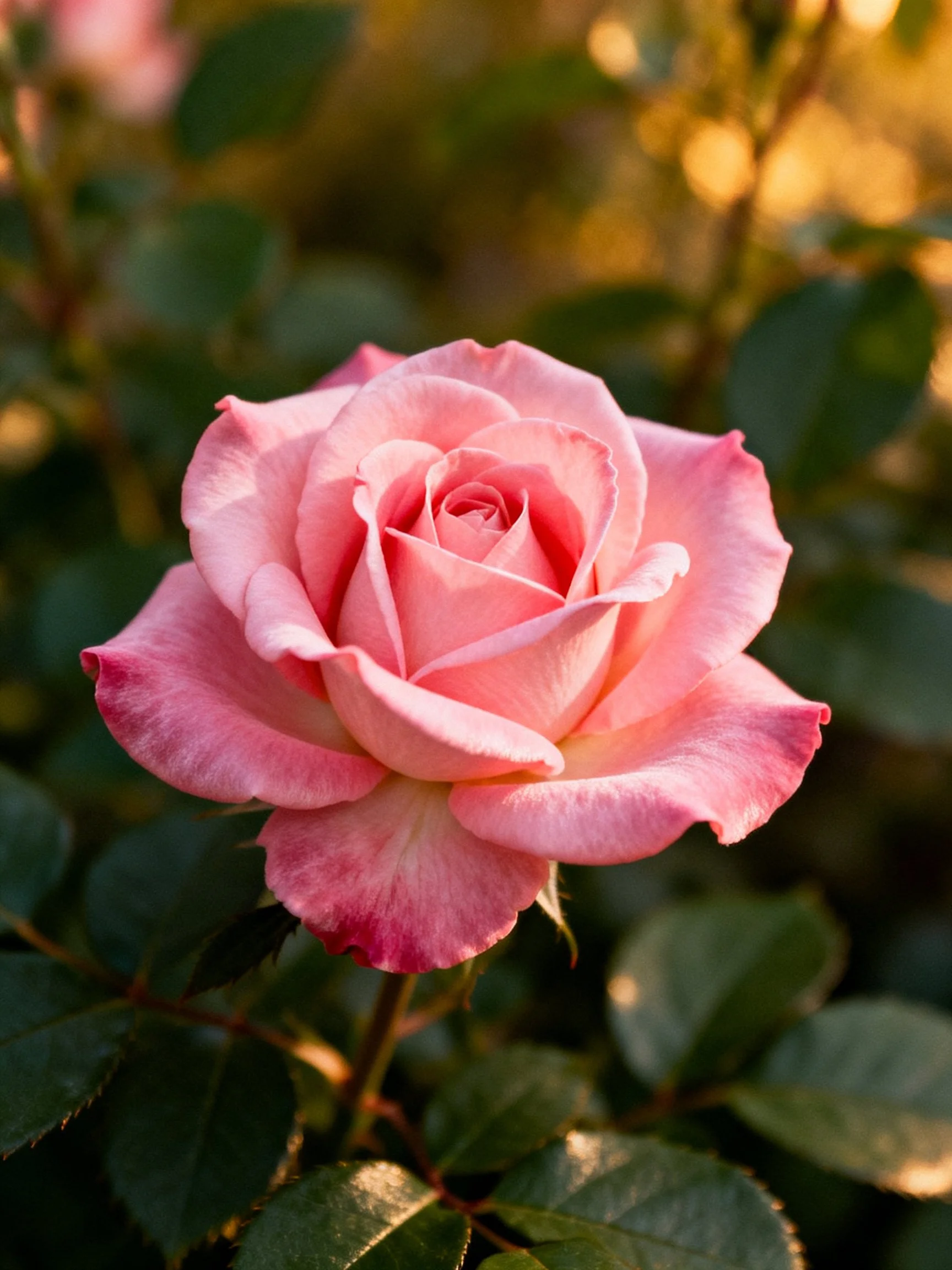 A delicate pink rose blooms amid green foliage