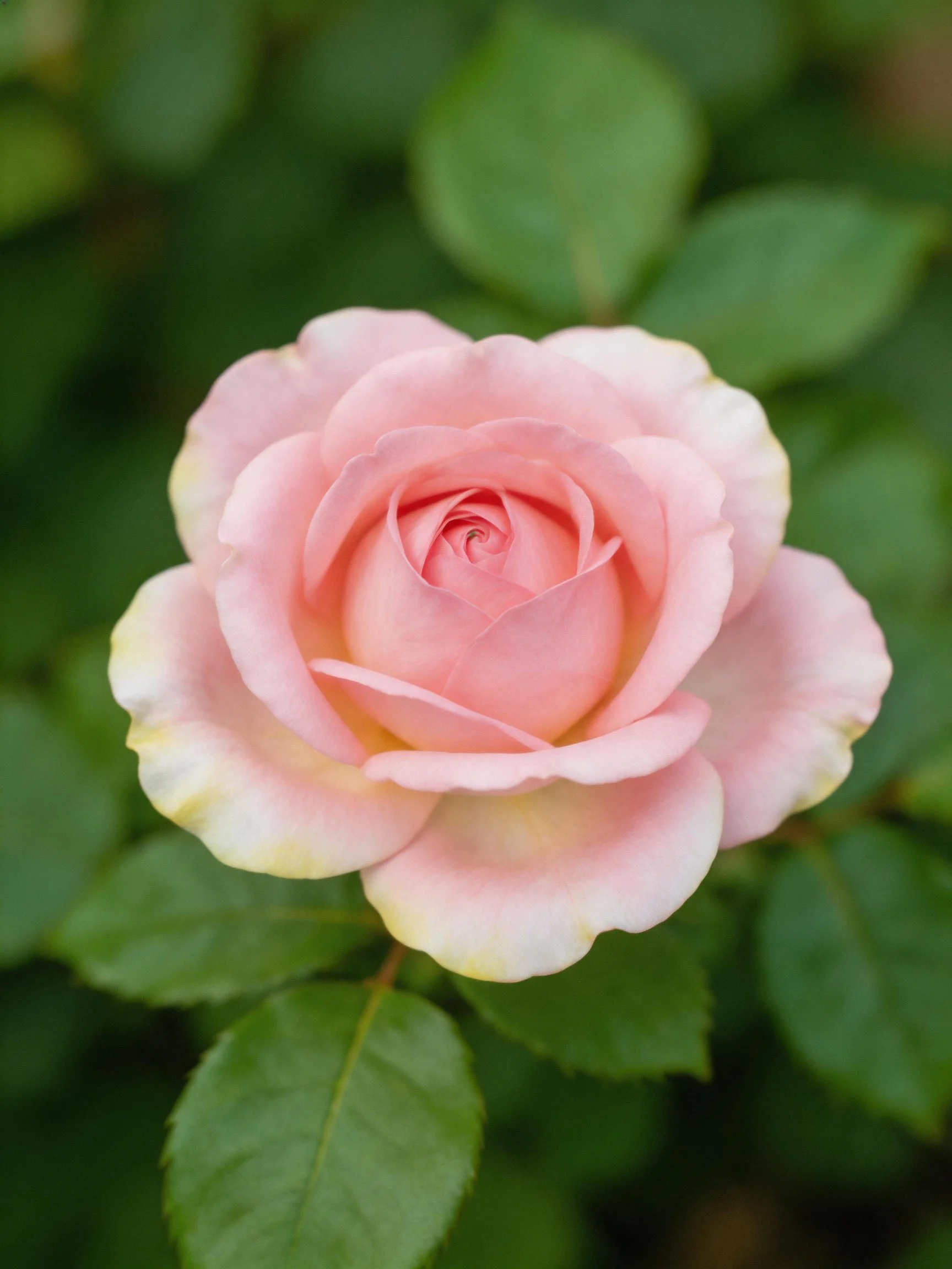 A delicate pink rose blooms amidst lush green foliage