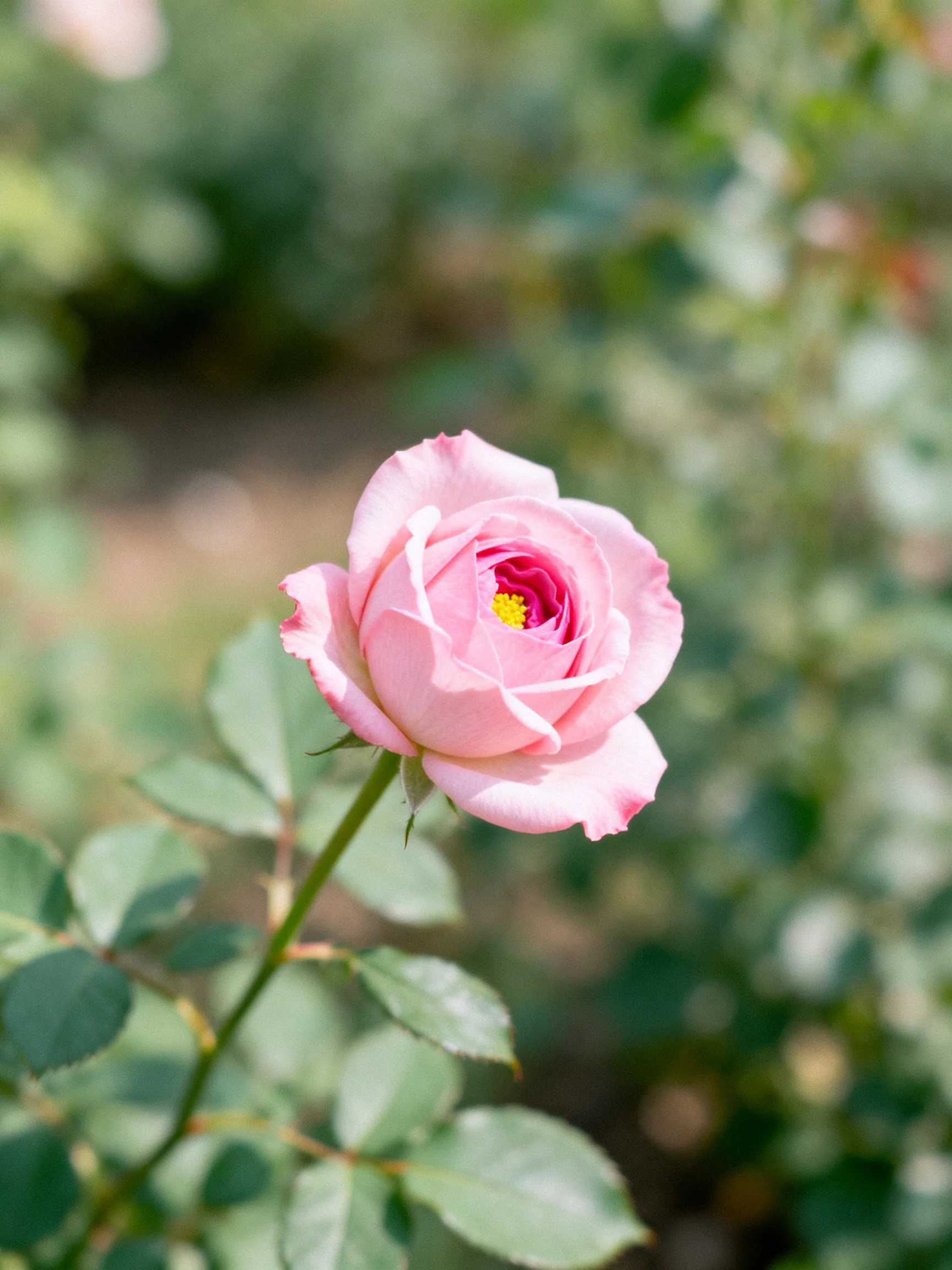 A delicate pink rose blooms amidst soft green foliage
