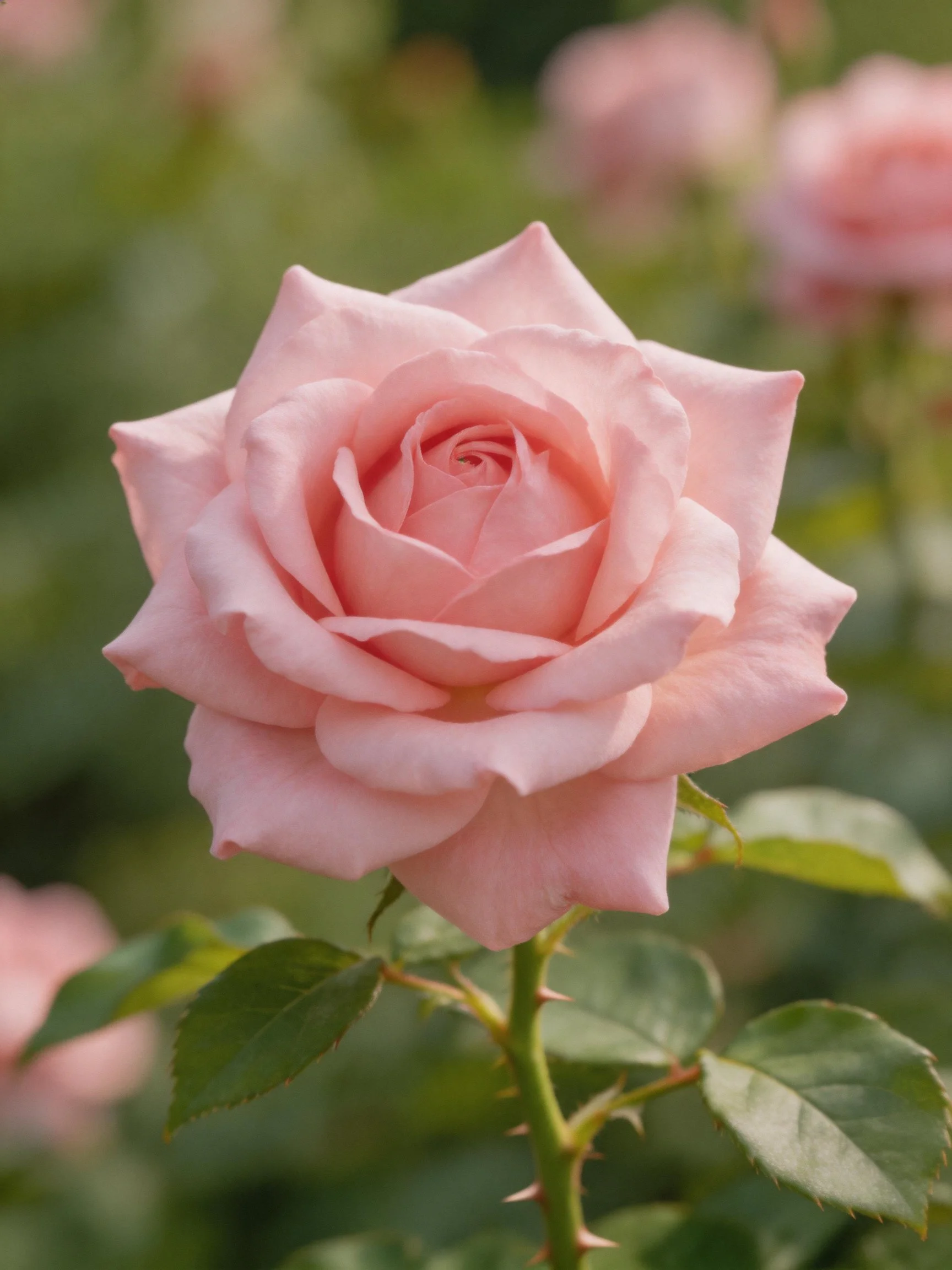 A delicate pink rose blooms among lush green foliage