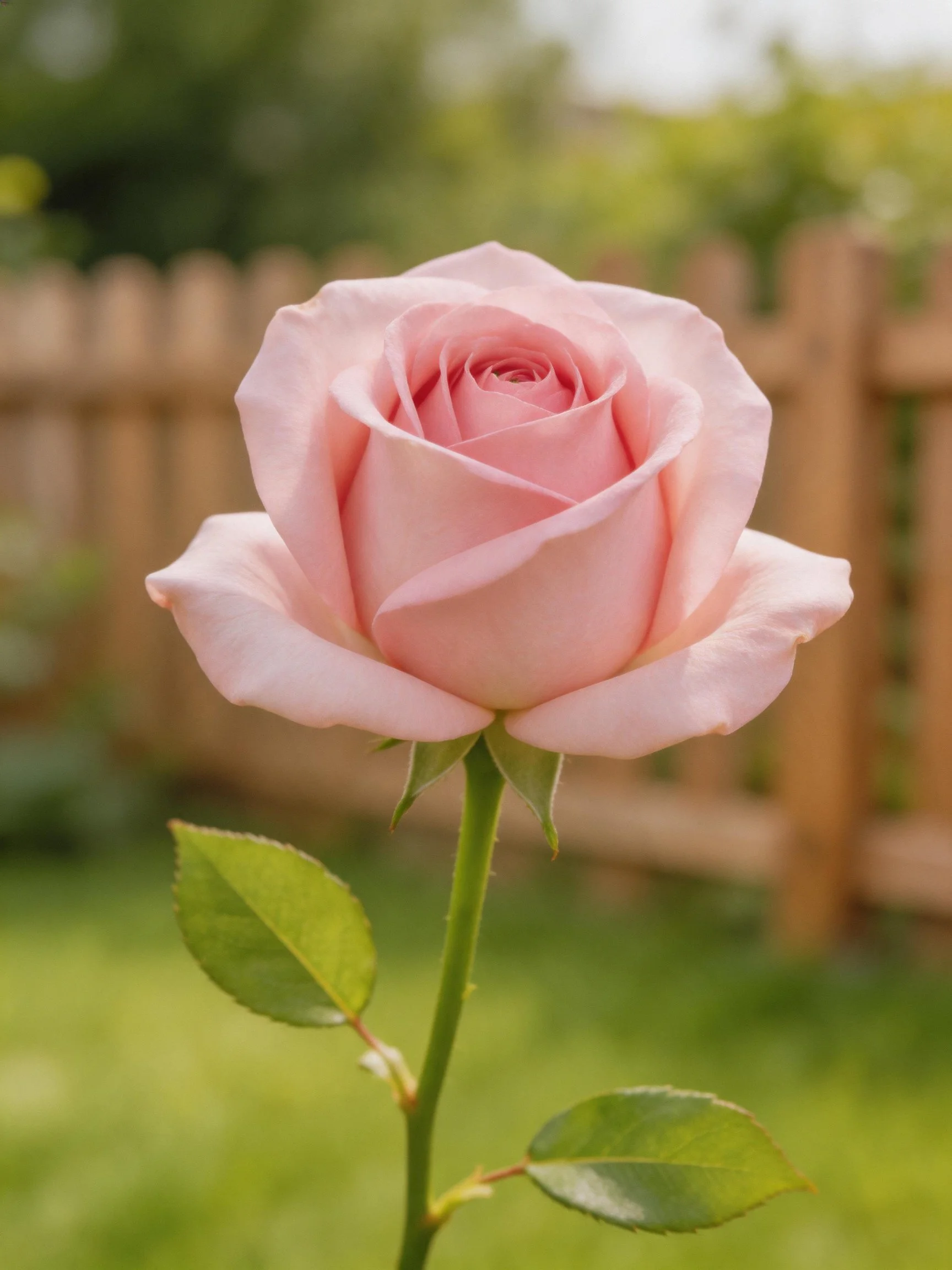 A delicate pink rose blooms near a wooden fence