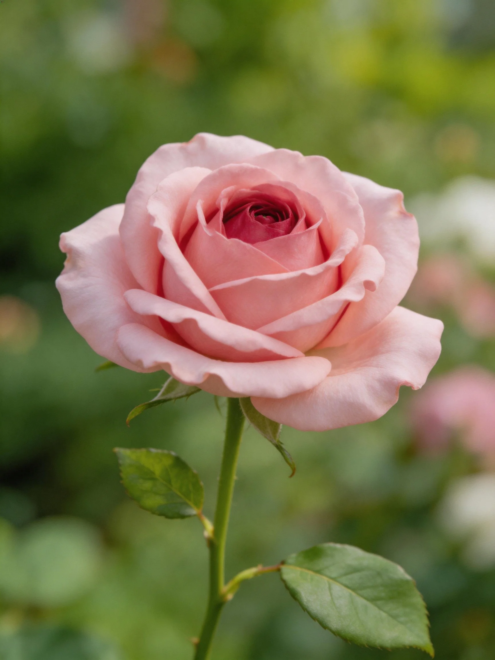 A delicate pink rose blooms with lush green surroundings