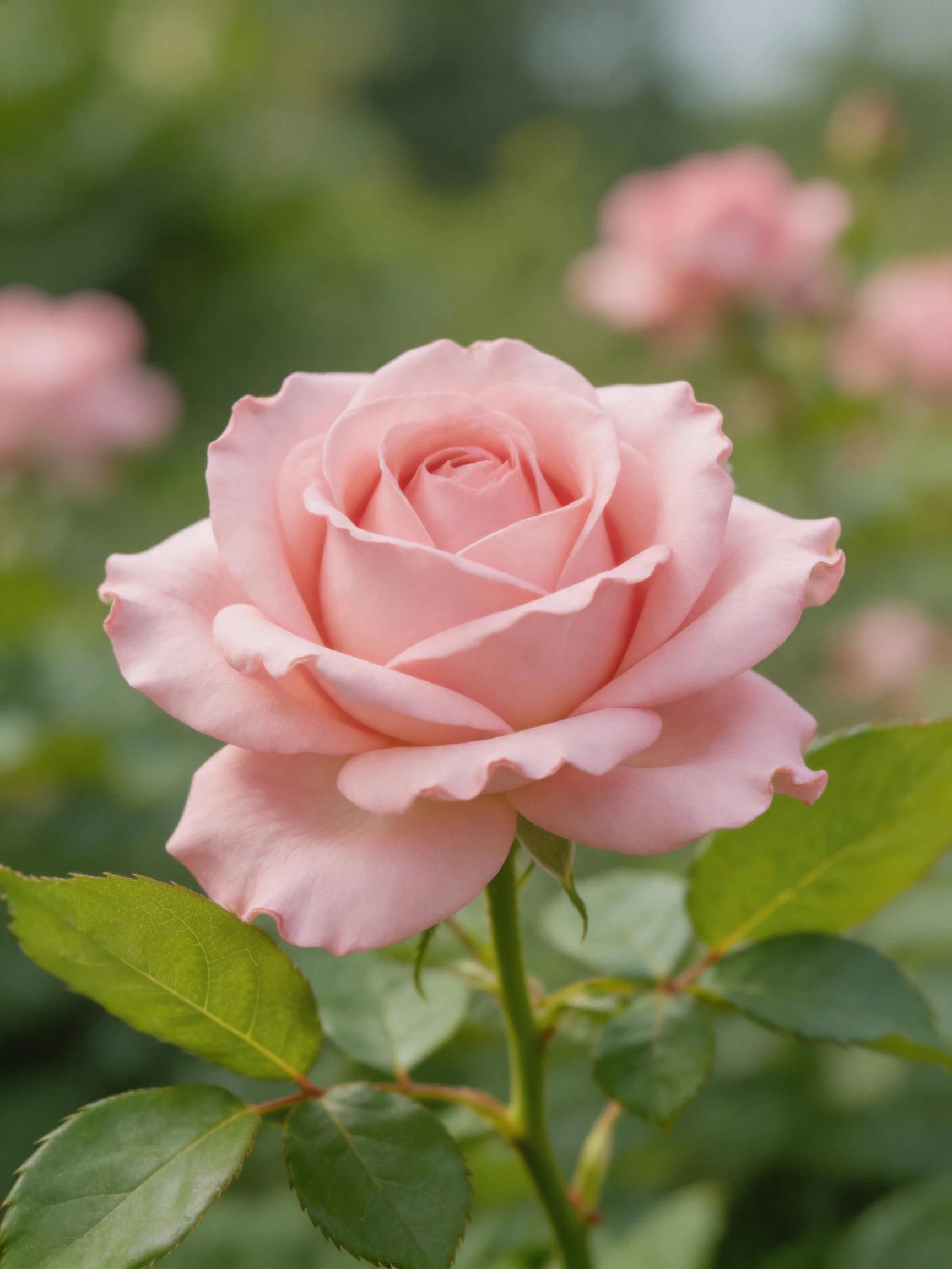 A delicate pink rose centered among green foliage