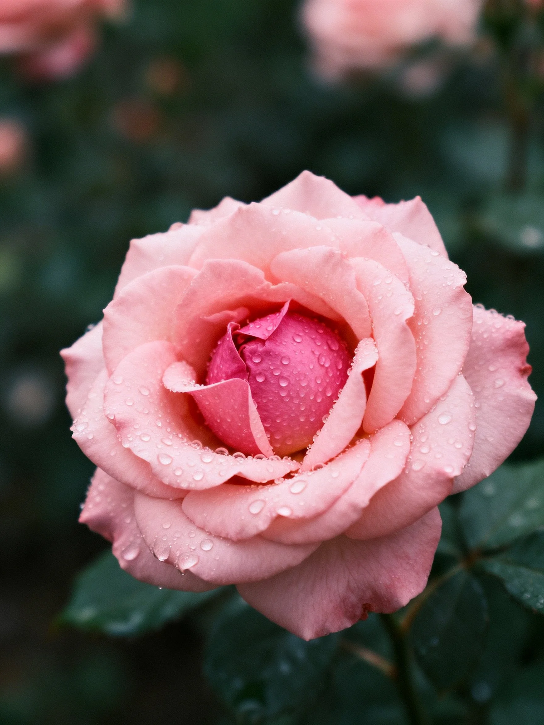A delicate pink rose covered in glistening dewdrops