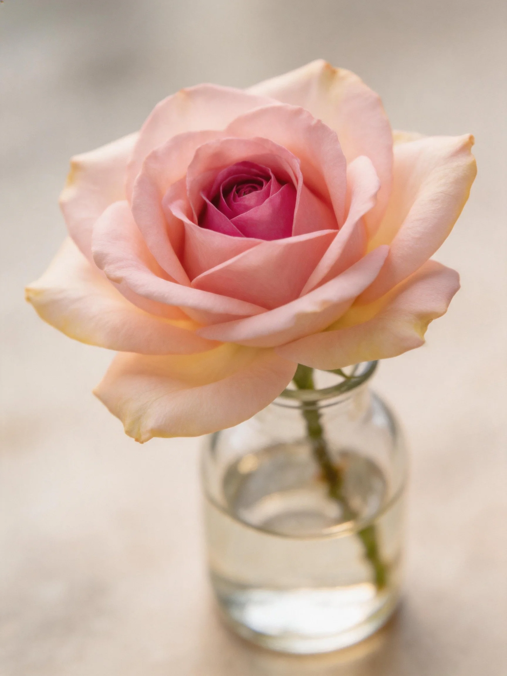 A delicate pink rose in a small glass vase with water