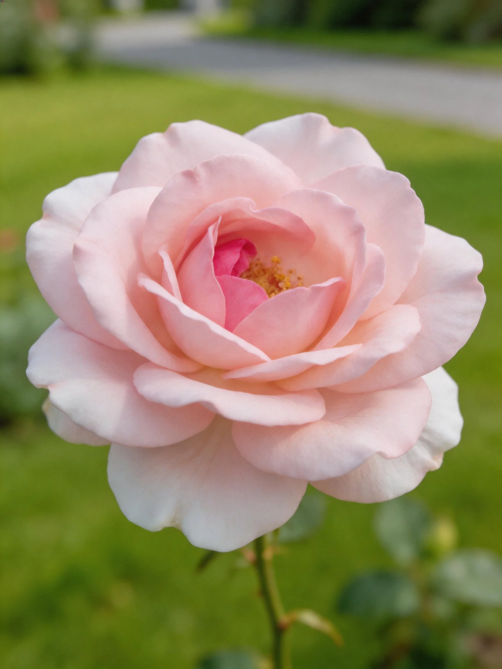 A delicate pink rose in full bloom against a blurred green backdrop