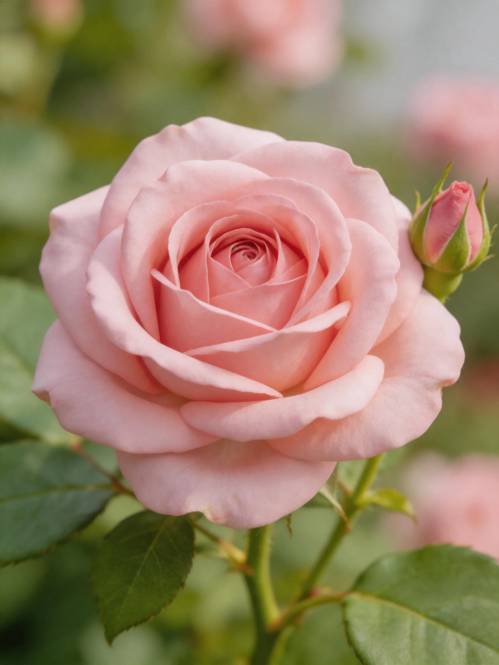 A delicate pink rose in full bloom with a budding companion