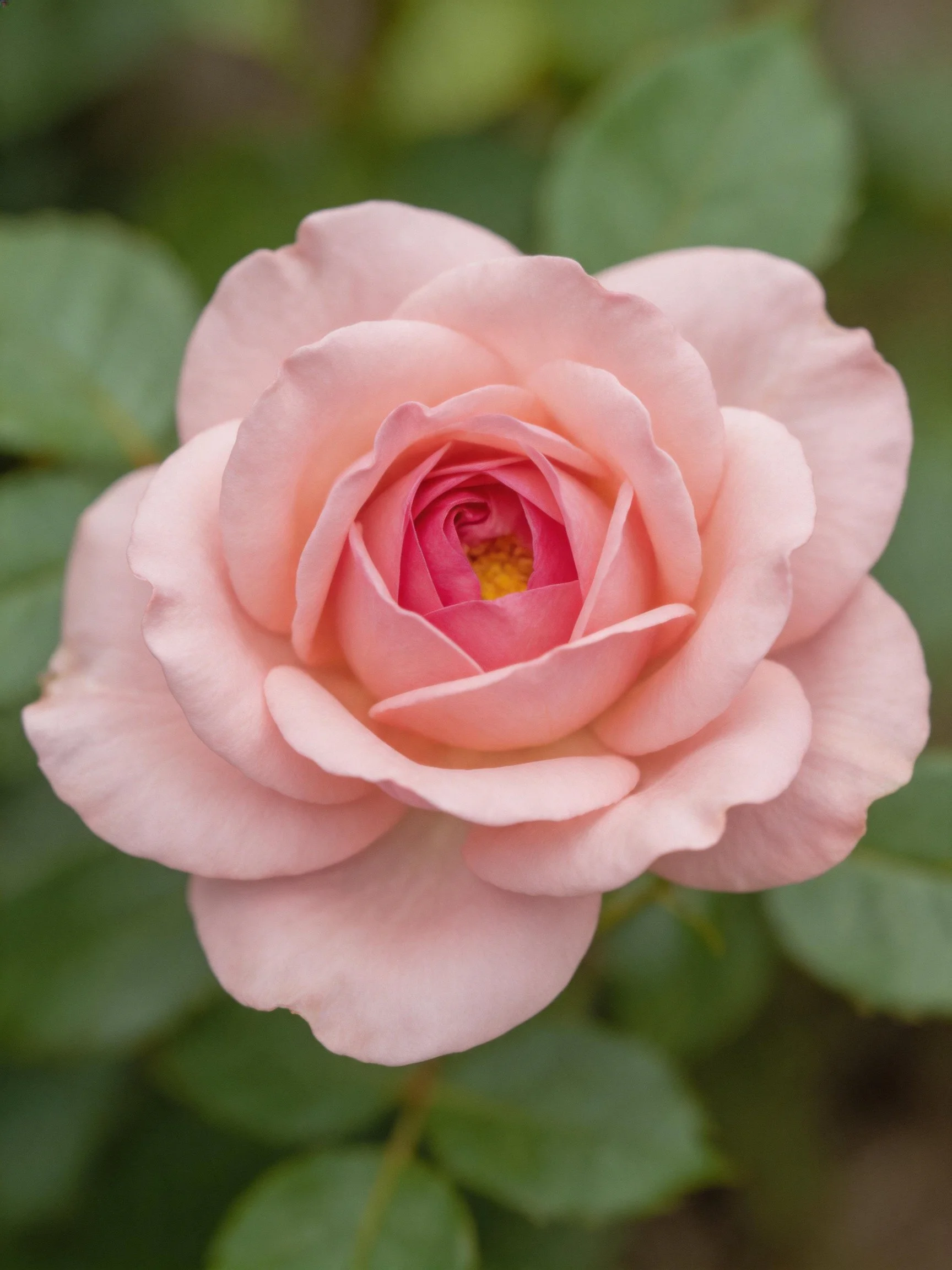 A delicate pink rose in full bloom with green foliage