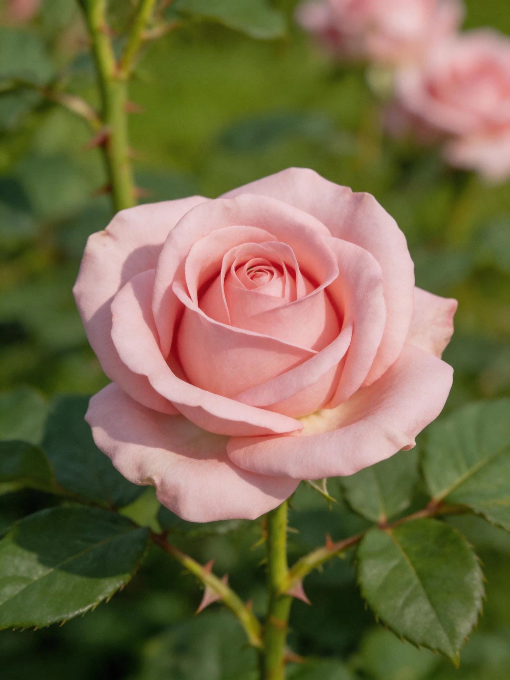 A delicate pink rose in full bloom with green foliage