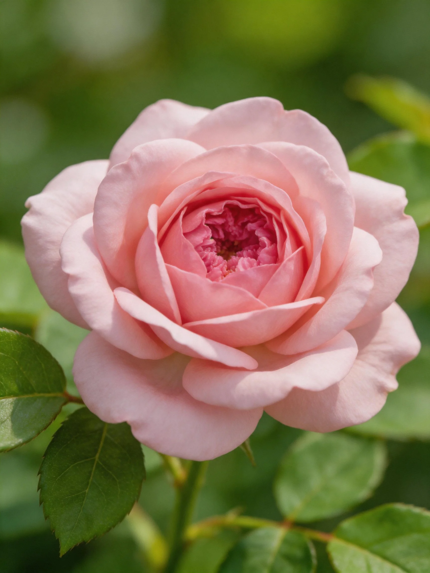 A delicate pink rose in full bloom with green foliage
