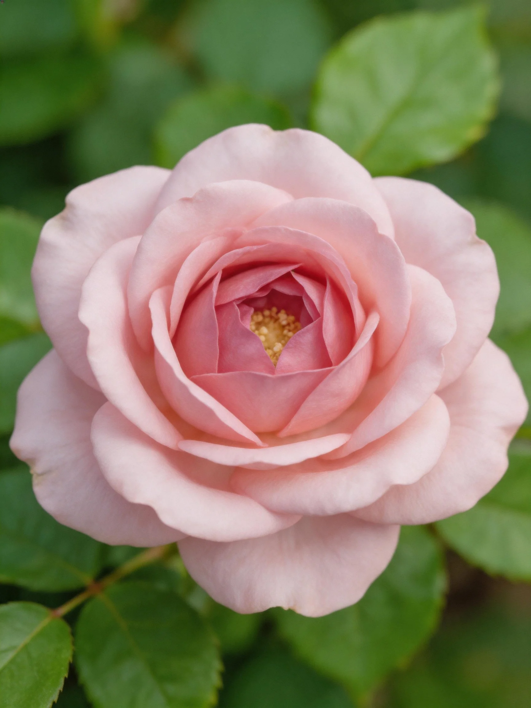A delicate pink rose in full bloom with green leaves