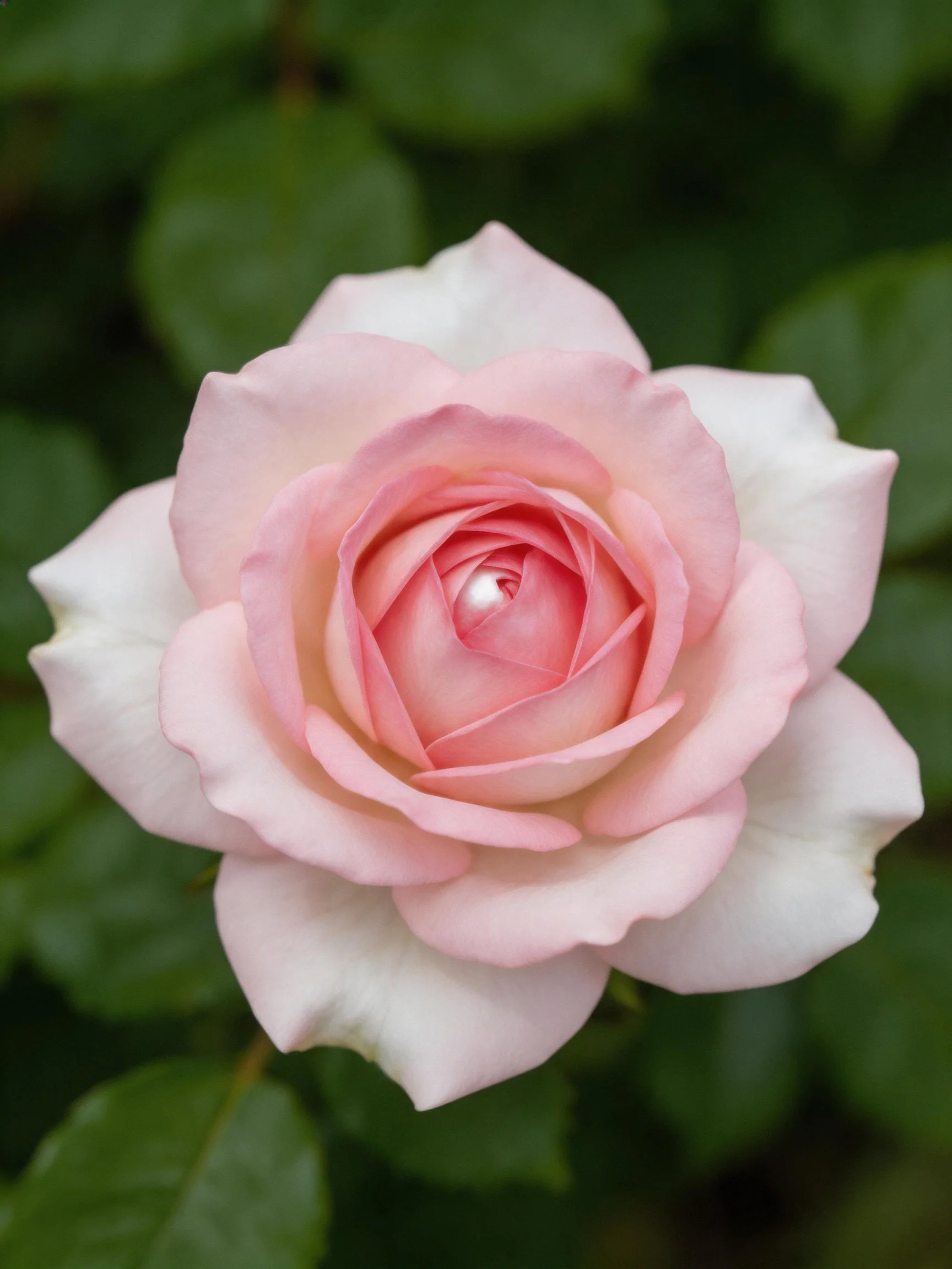 A delicate pink rose in full bloom with layered petals