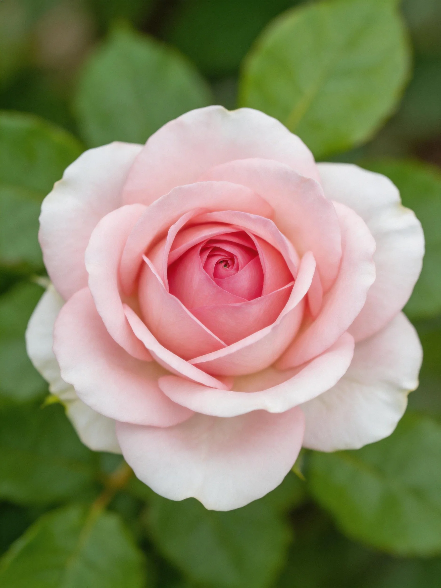 A delicate pink rose in full bloom with lush green foliage