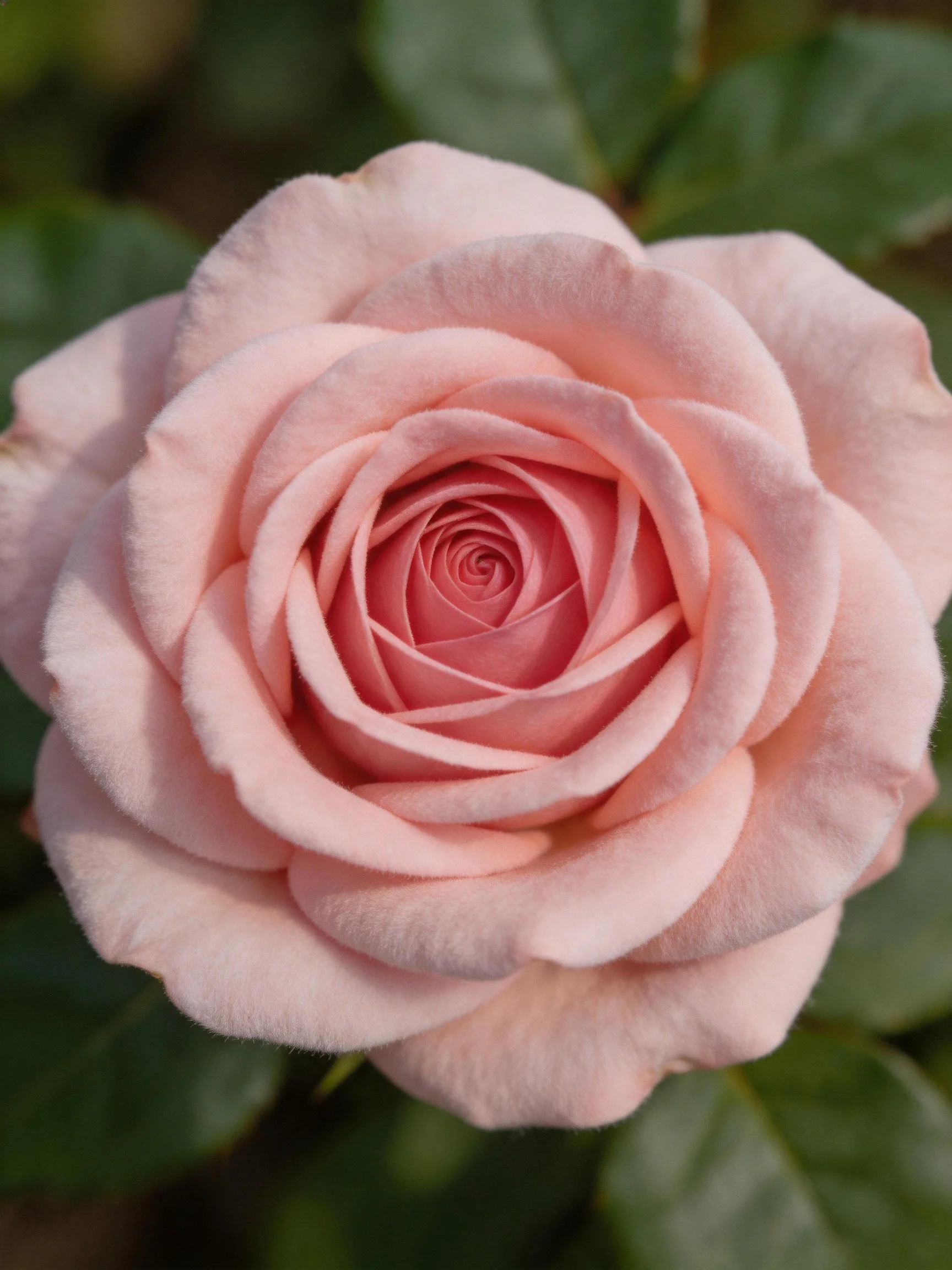 A delicate pink rose in full bloom with soft, layered petals