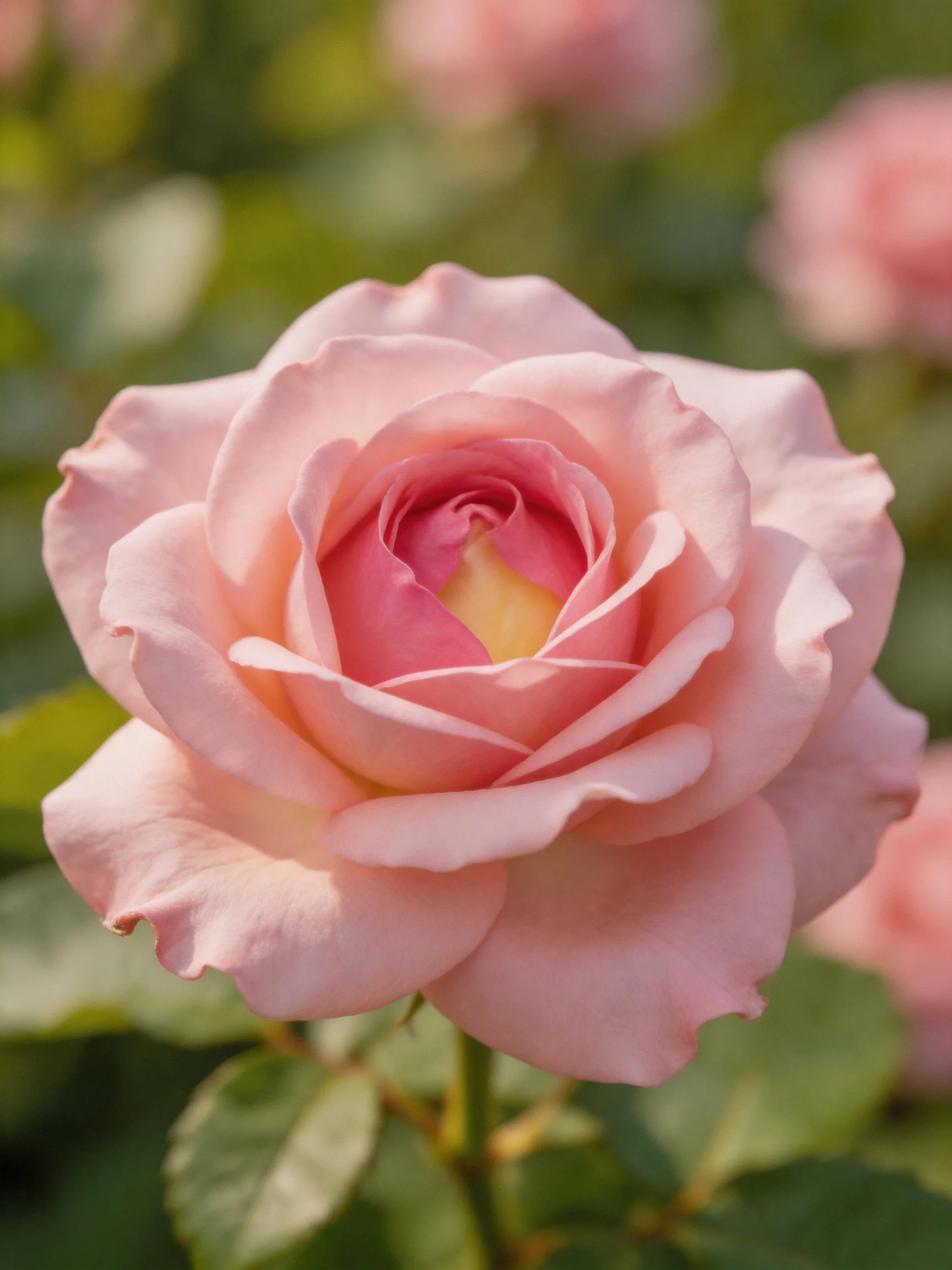 A delicate pink rose in full bloom with soft petals