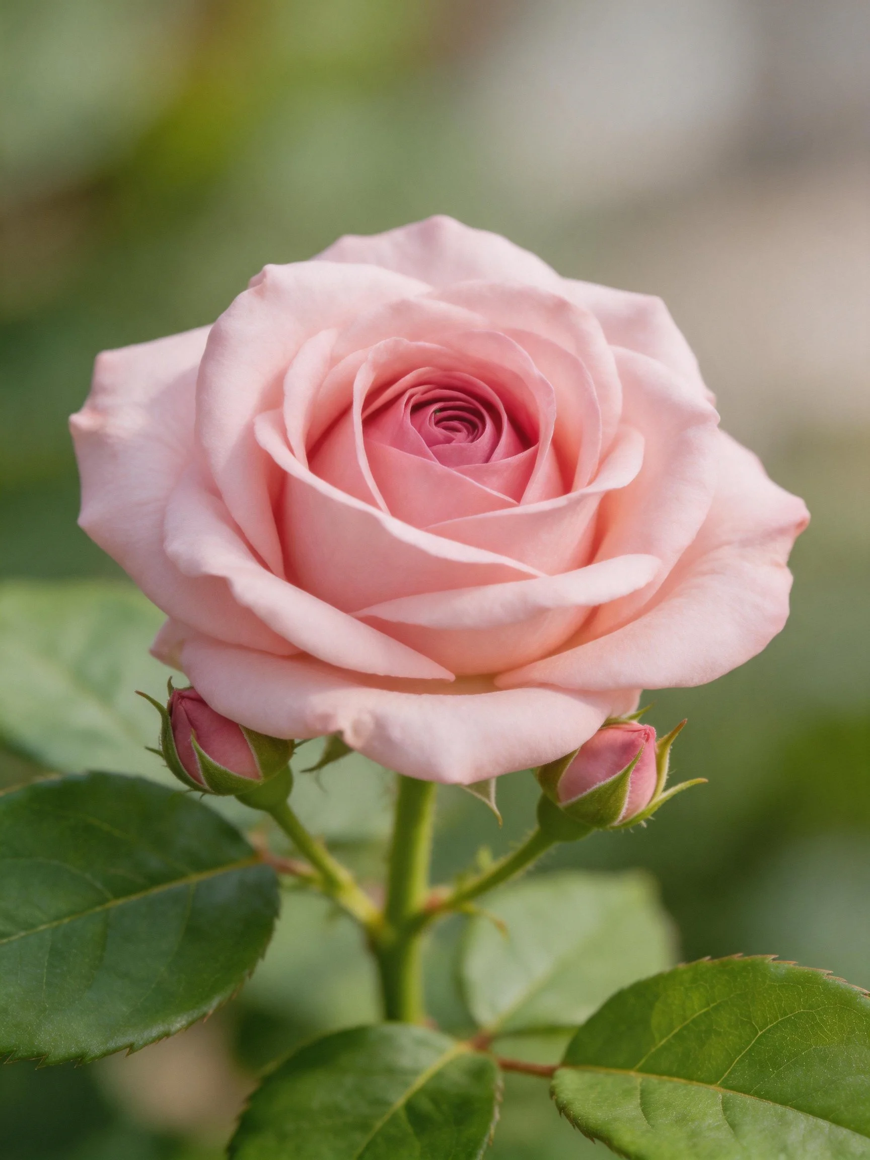 A delicate pink rose in full bloom with two unopened buds