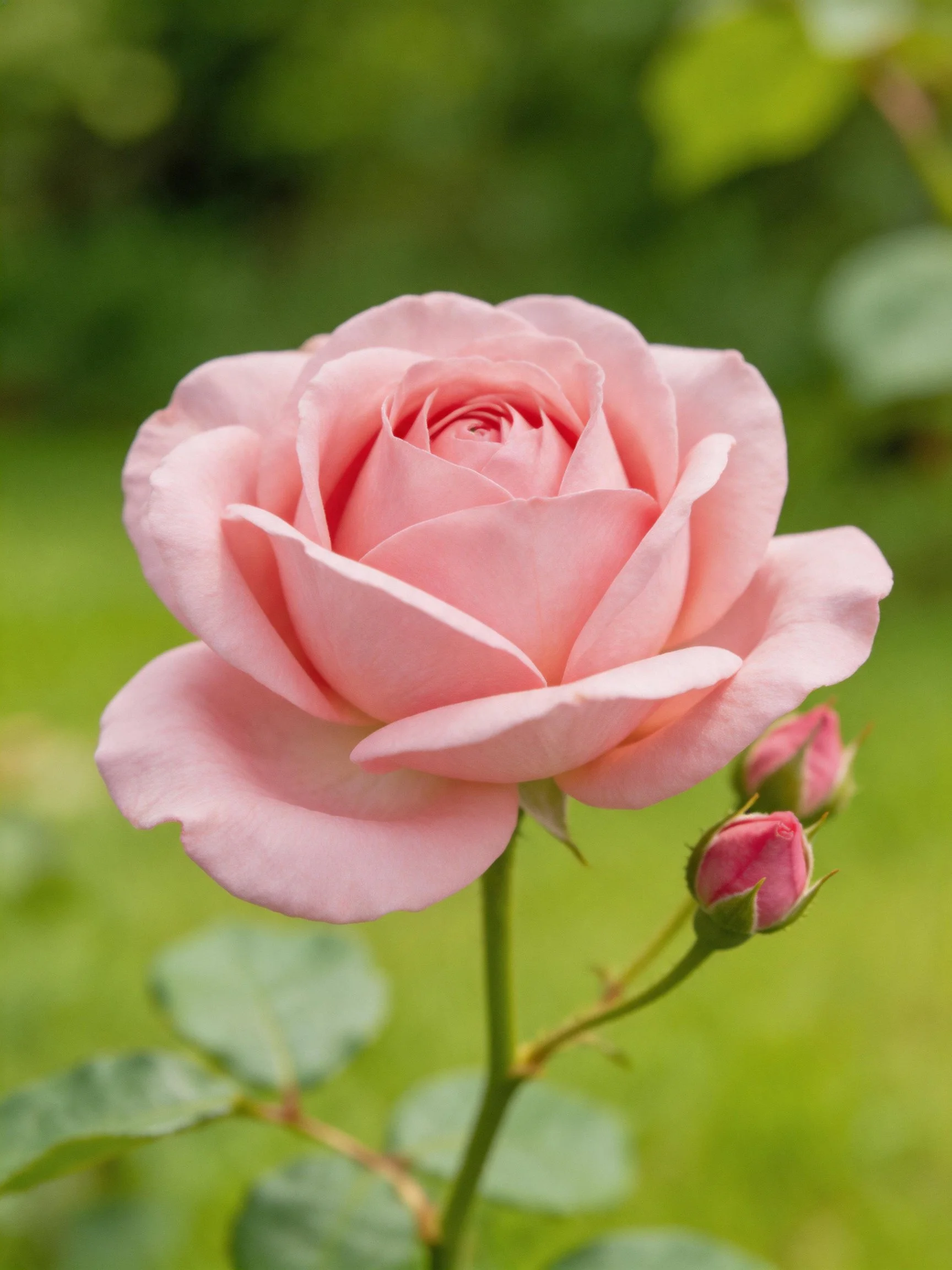 A delicate pink rose in full bloom with two unopened flower buds