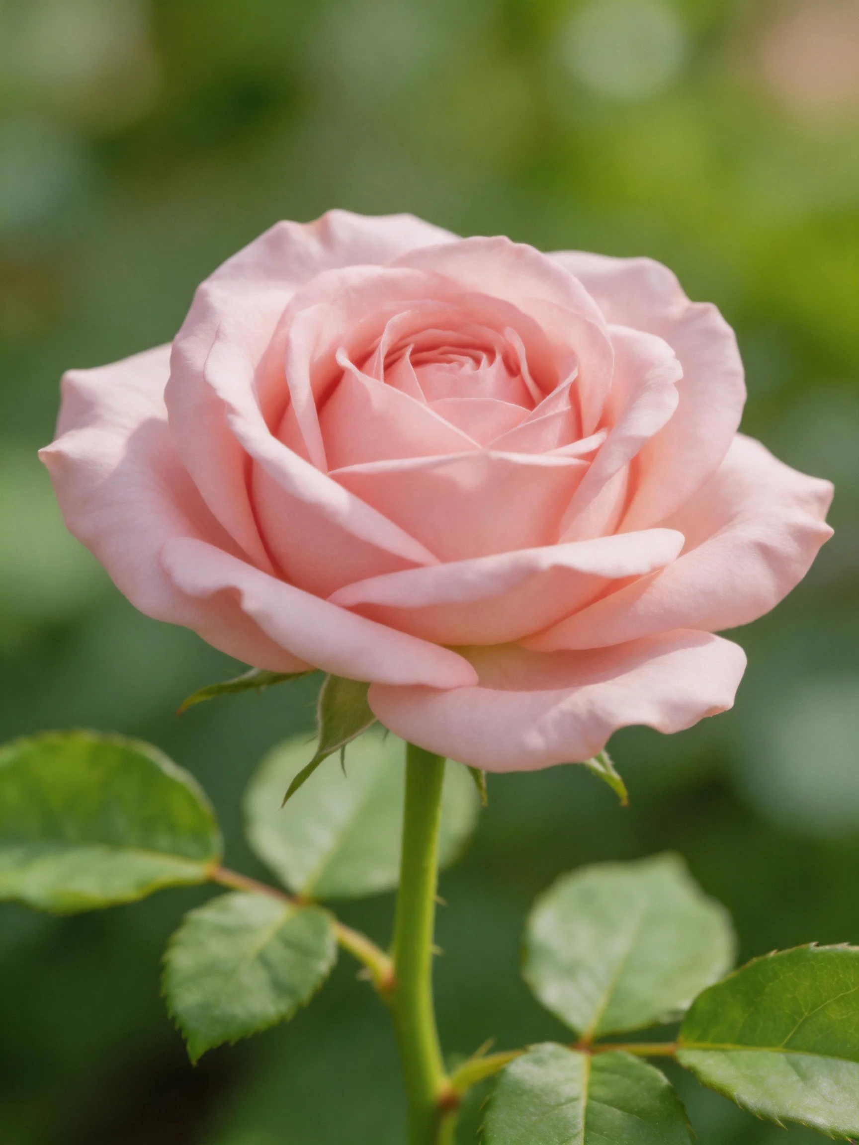 A delicate pink rose in full bloom with vibrant green leaves
