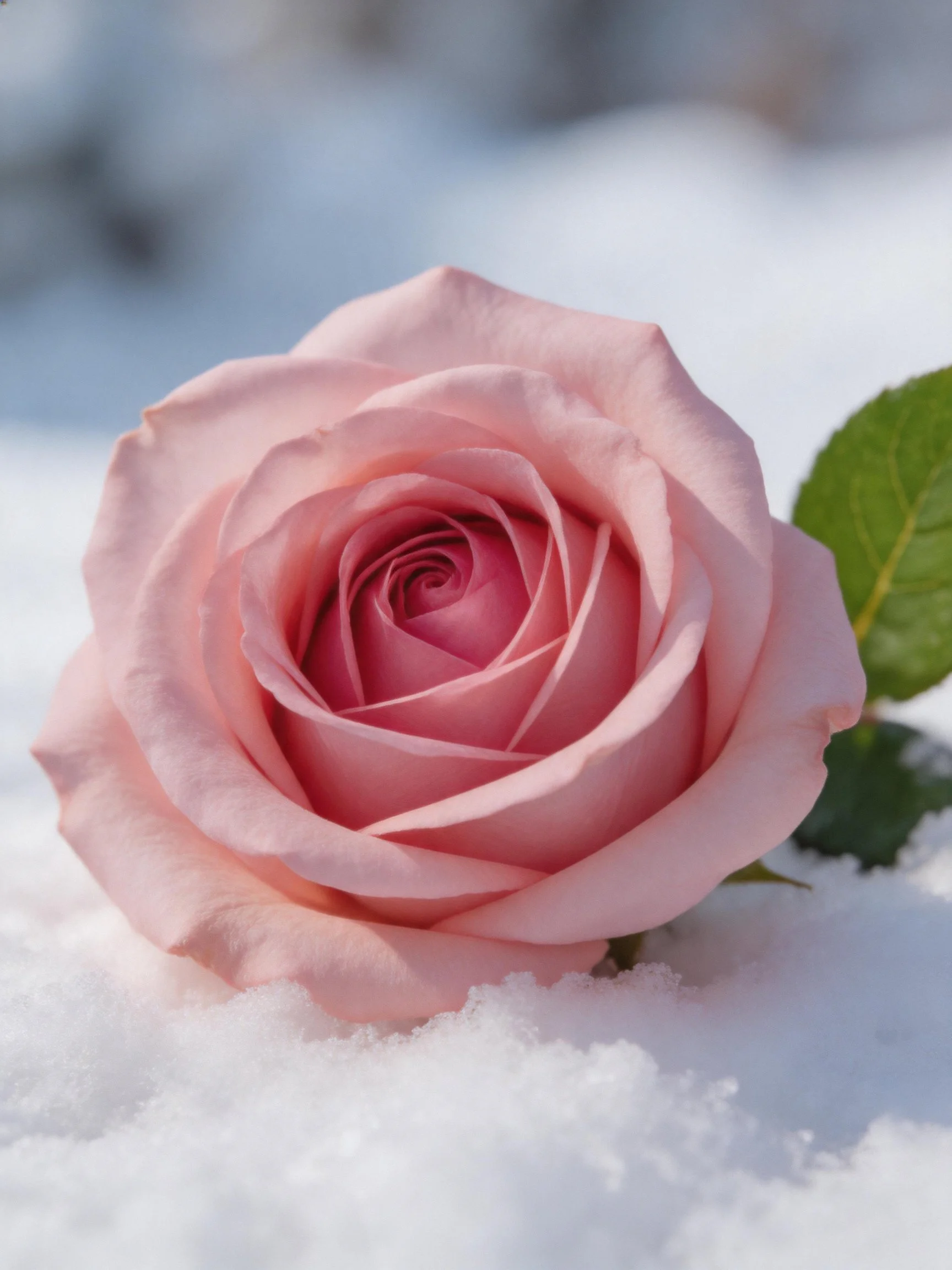 A delicate pink rose nestled among fresh white snow