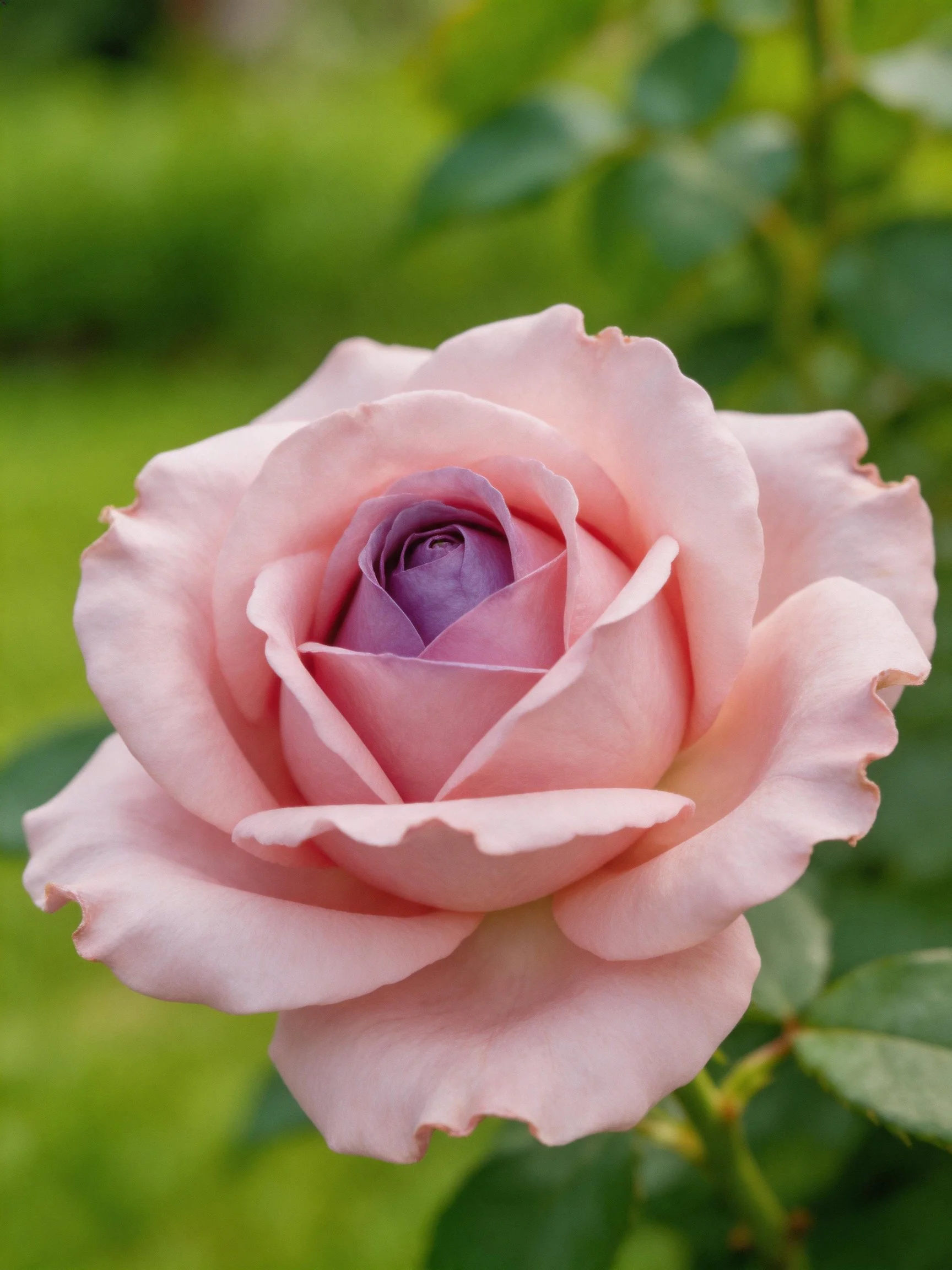 A delicate pink rose with a purple center blooming outdoors
