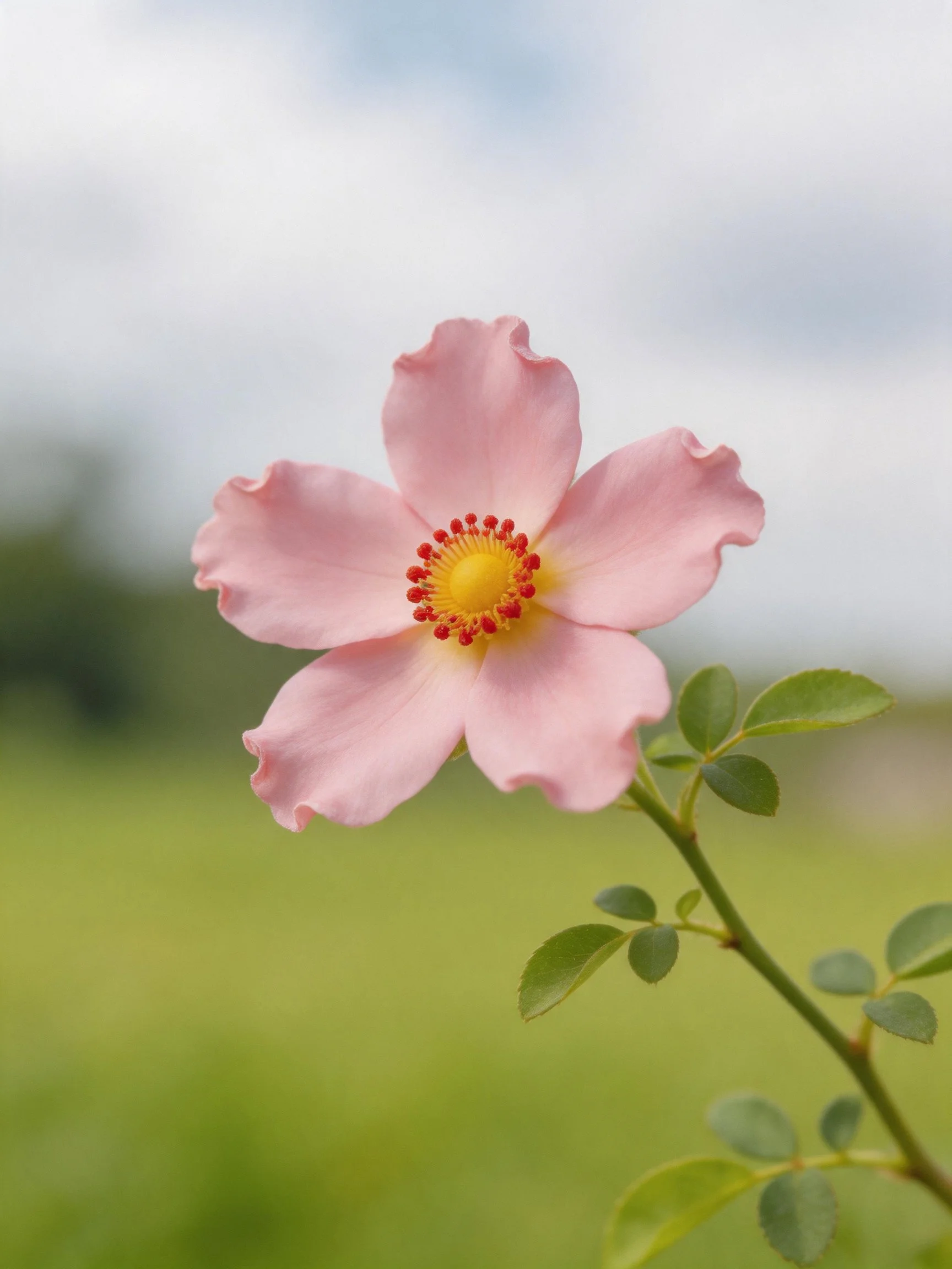 A delicate pink rose with five petals and a yellow-red center