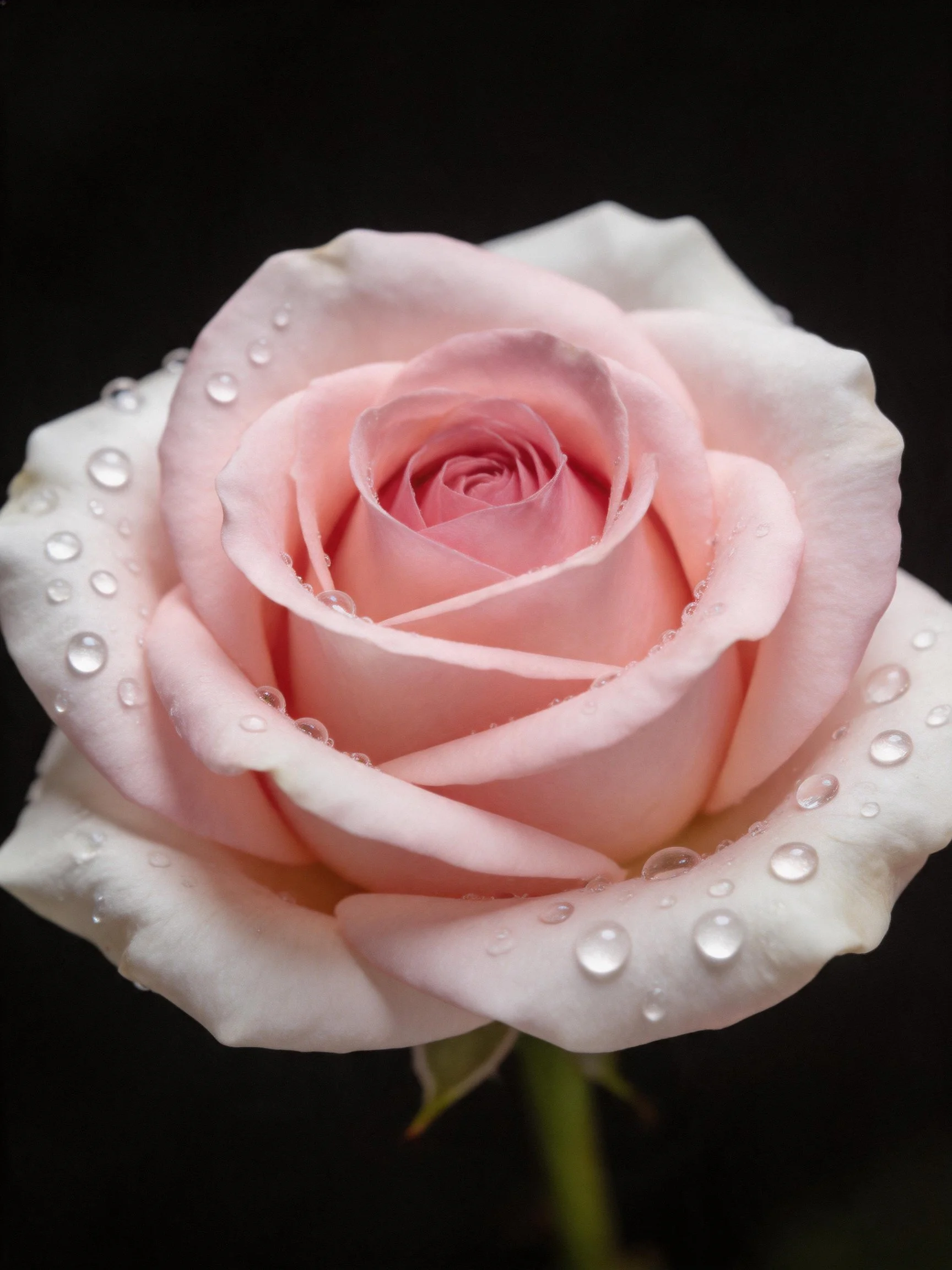 A delicate pink rose with glistening water droplets