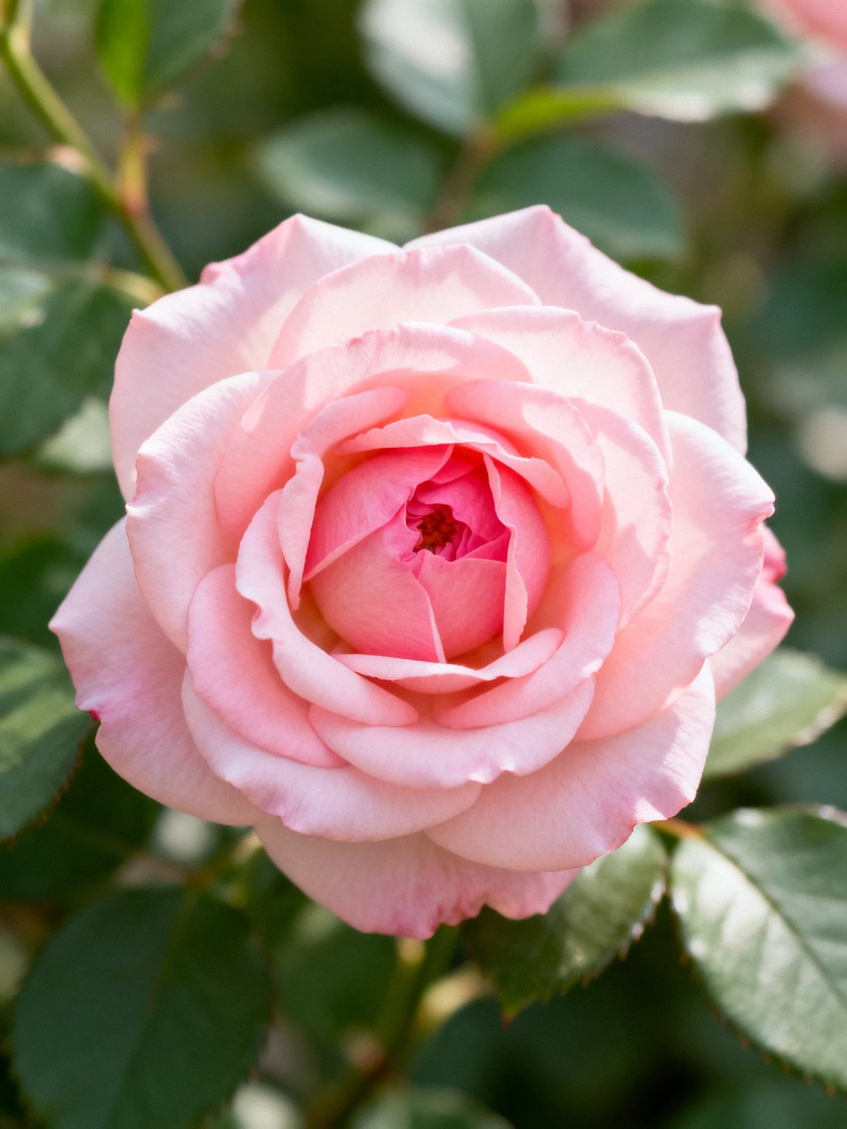 A delicate pink rose with layered petals and green foliage