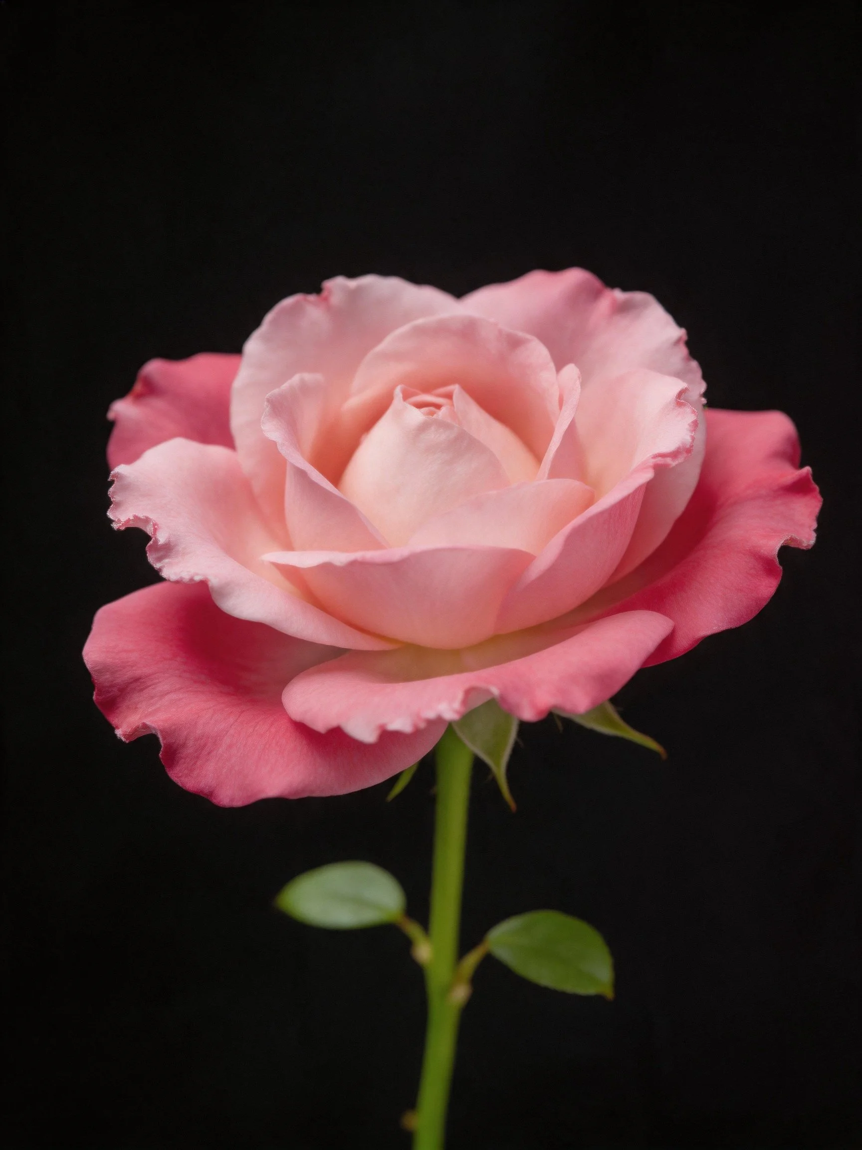 A delicate pink rose with layered petals on a dark backdrop