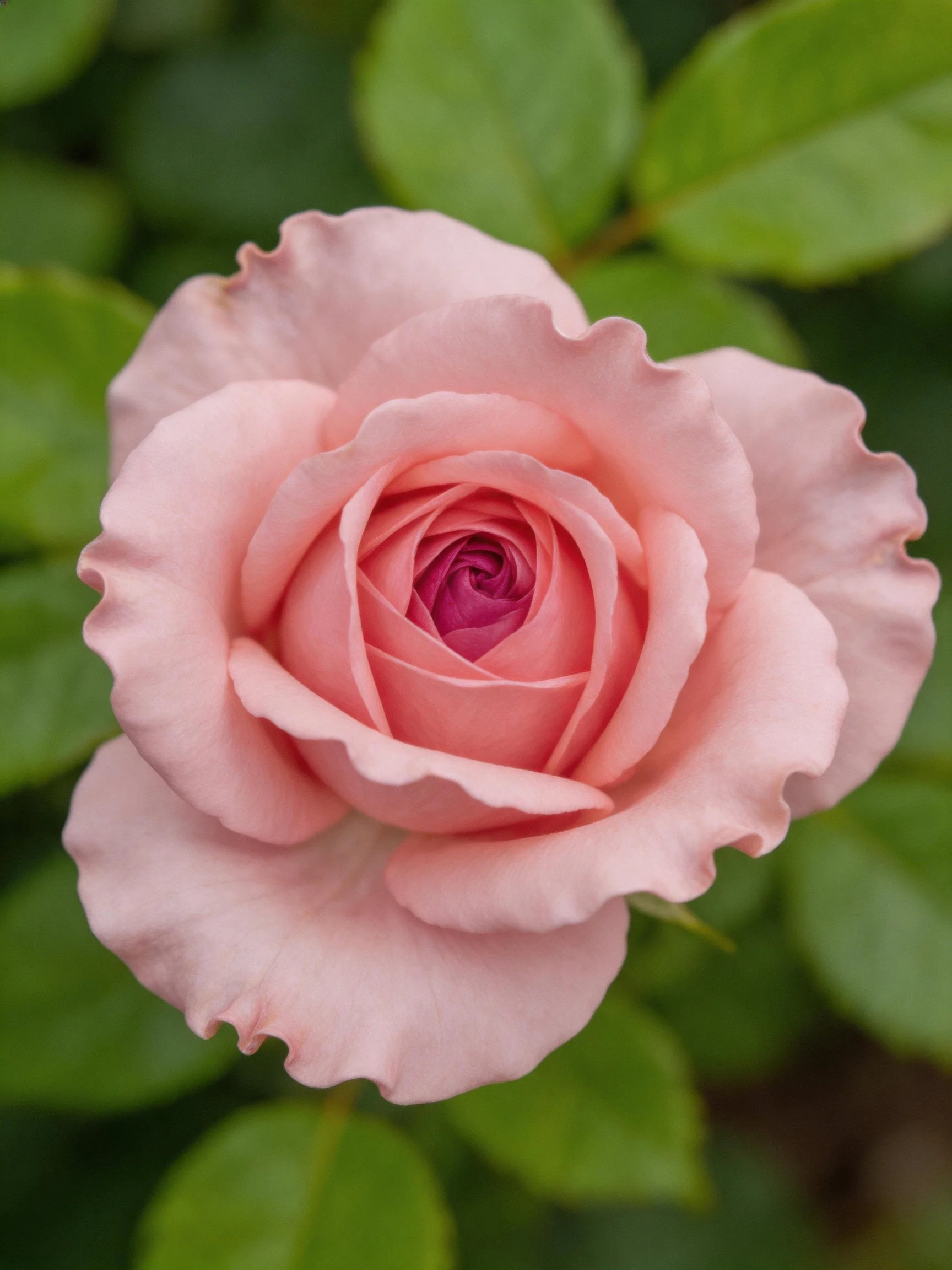 A delicate pink rose with layered petals surrounded by green leaves