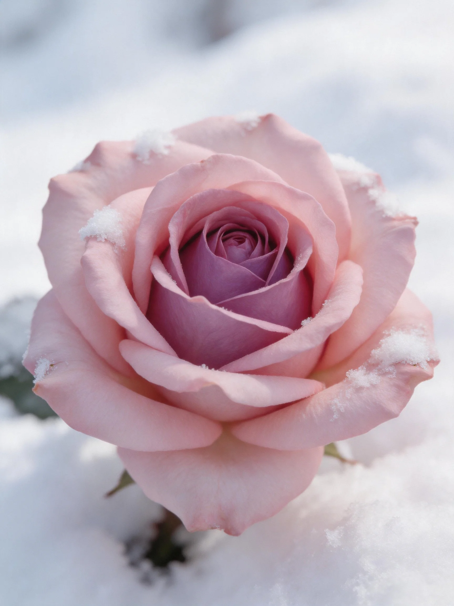 A delicate pink rose with snow accents in wintry scene