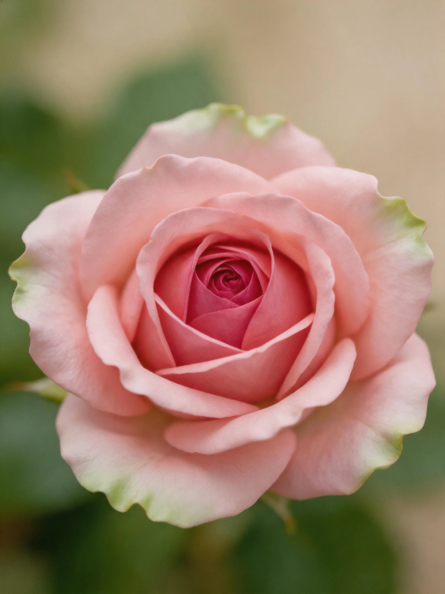 A delicate pink rose with soft green petal edges