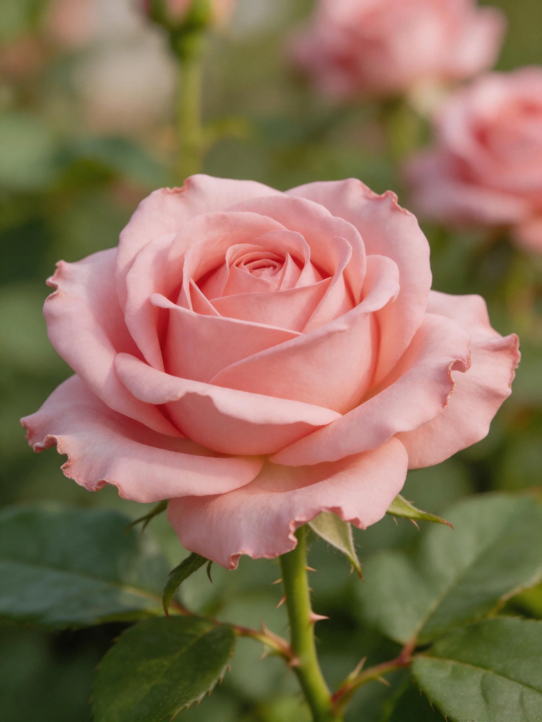 A delicate pink rose with soft petals and green foliage