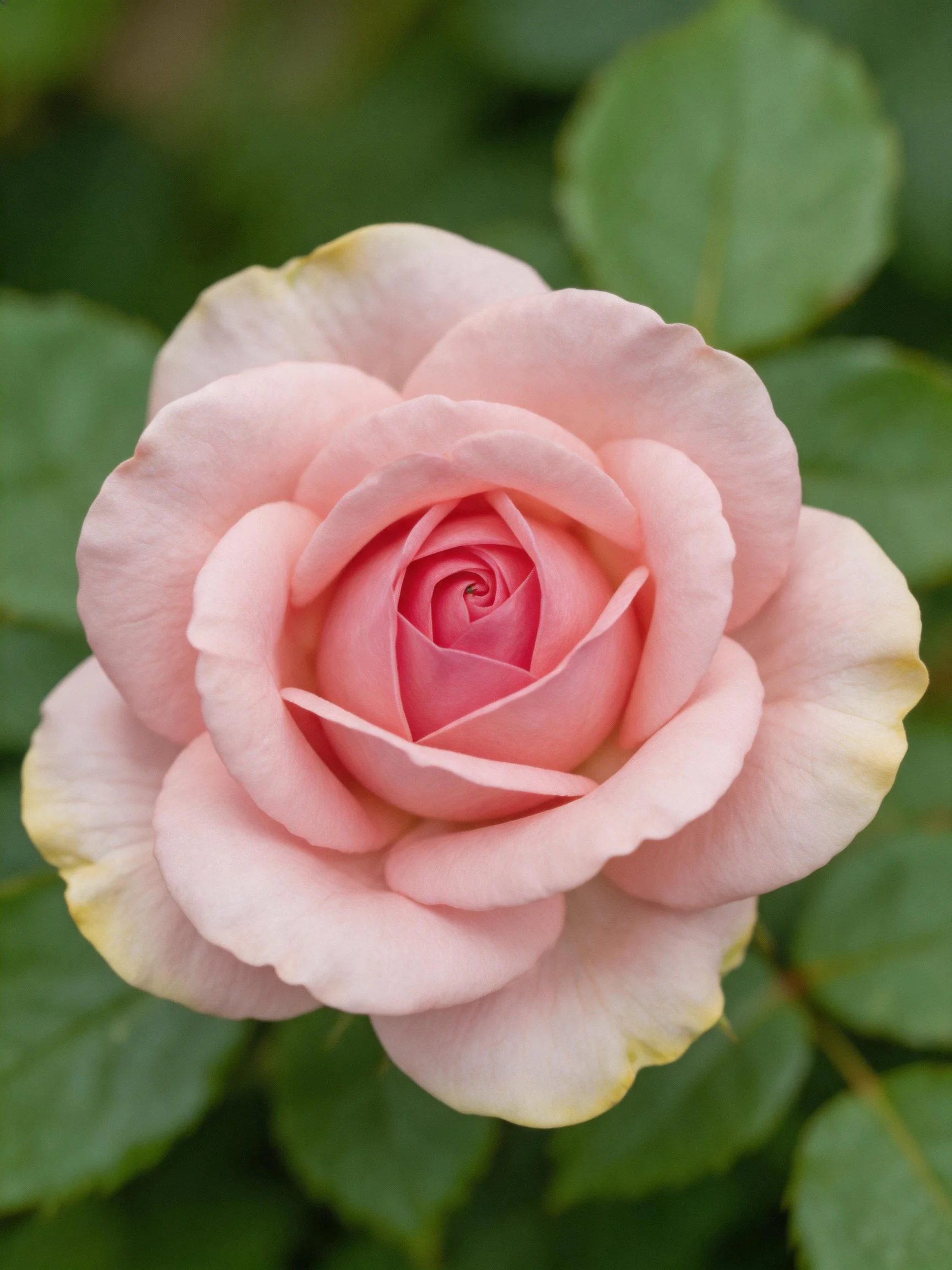 A delicate pink rose with soft petals and green foliage