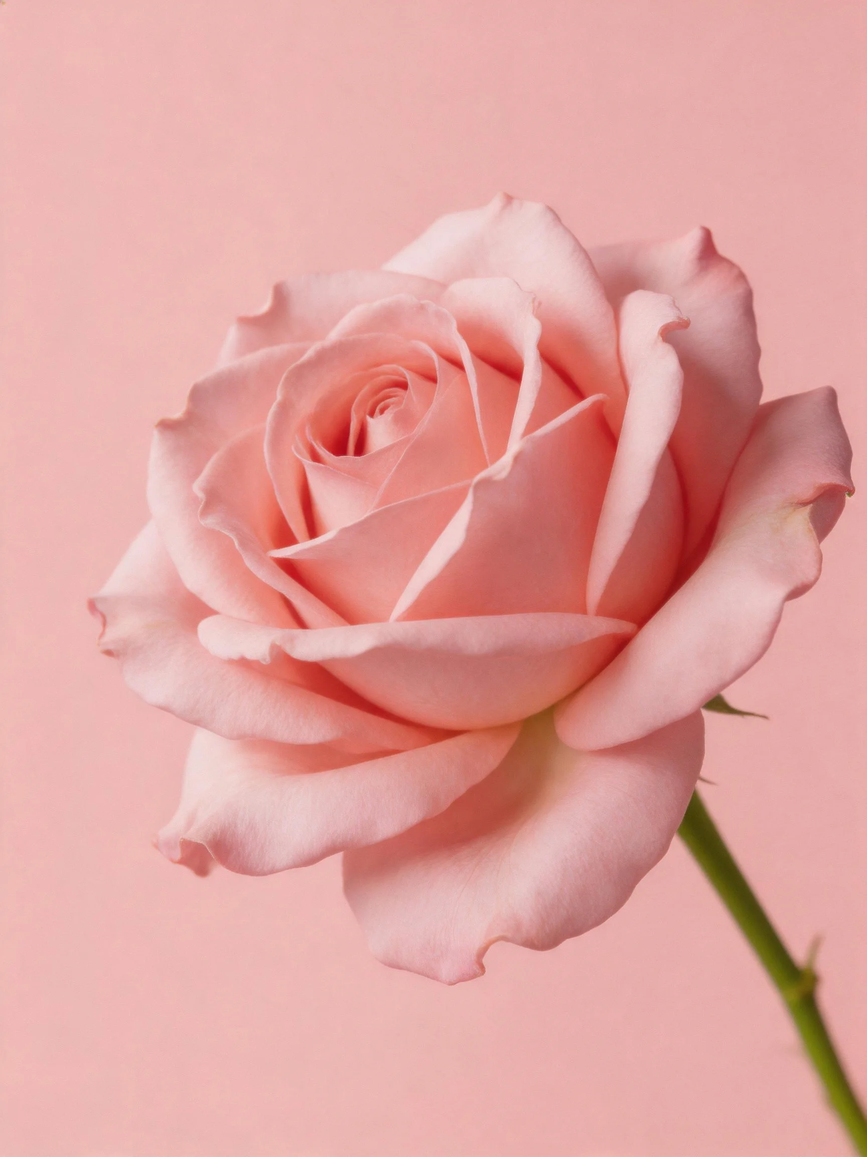 A delicate pink rose with soft petals on a uniform pink backdrop