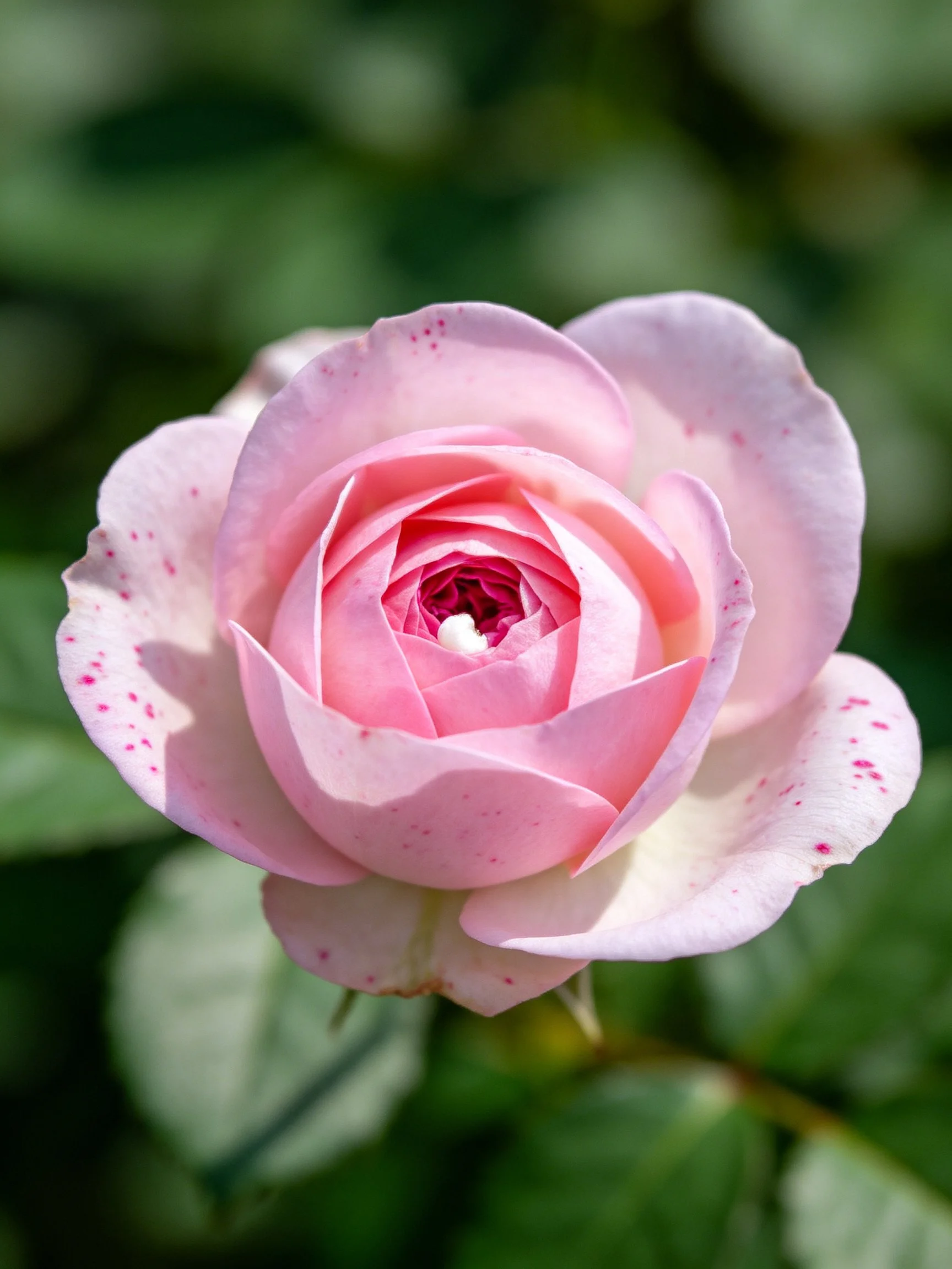 A delicate pink rose with speckled petals and lush green foliage