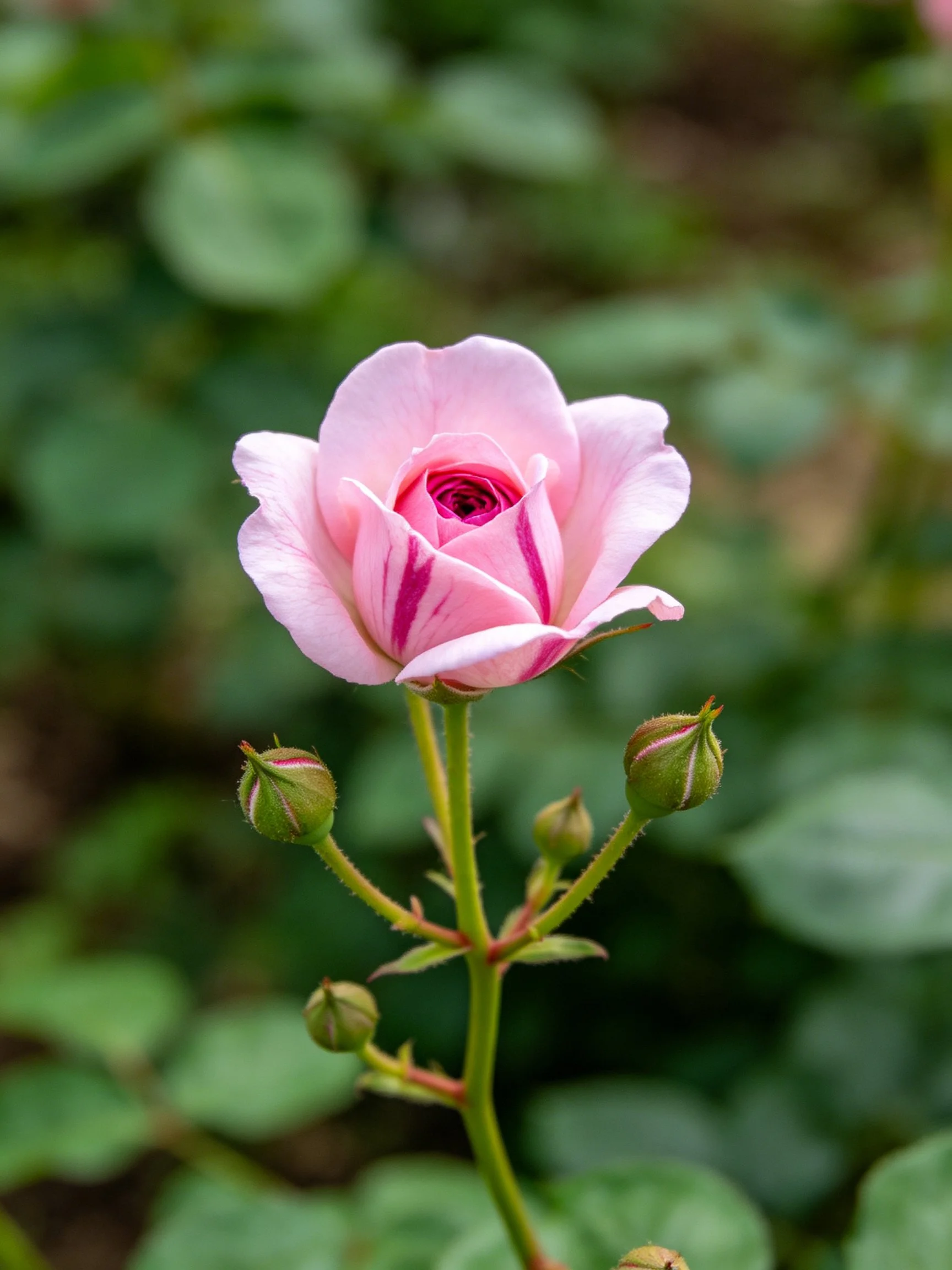 A delicate pink rose with striped petals blooms near budding stems and green foliage