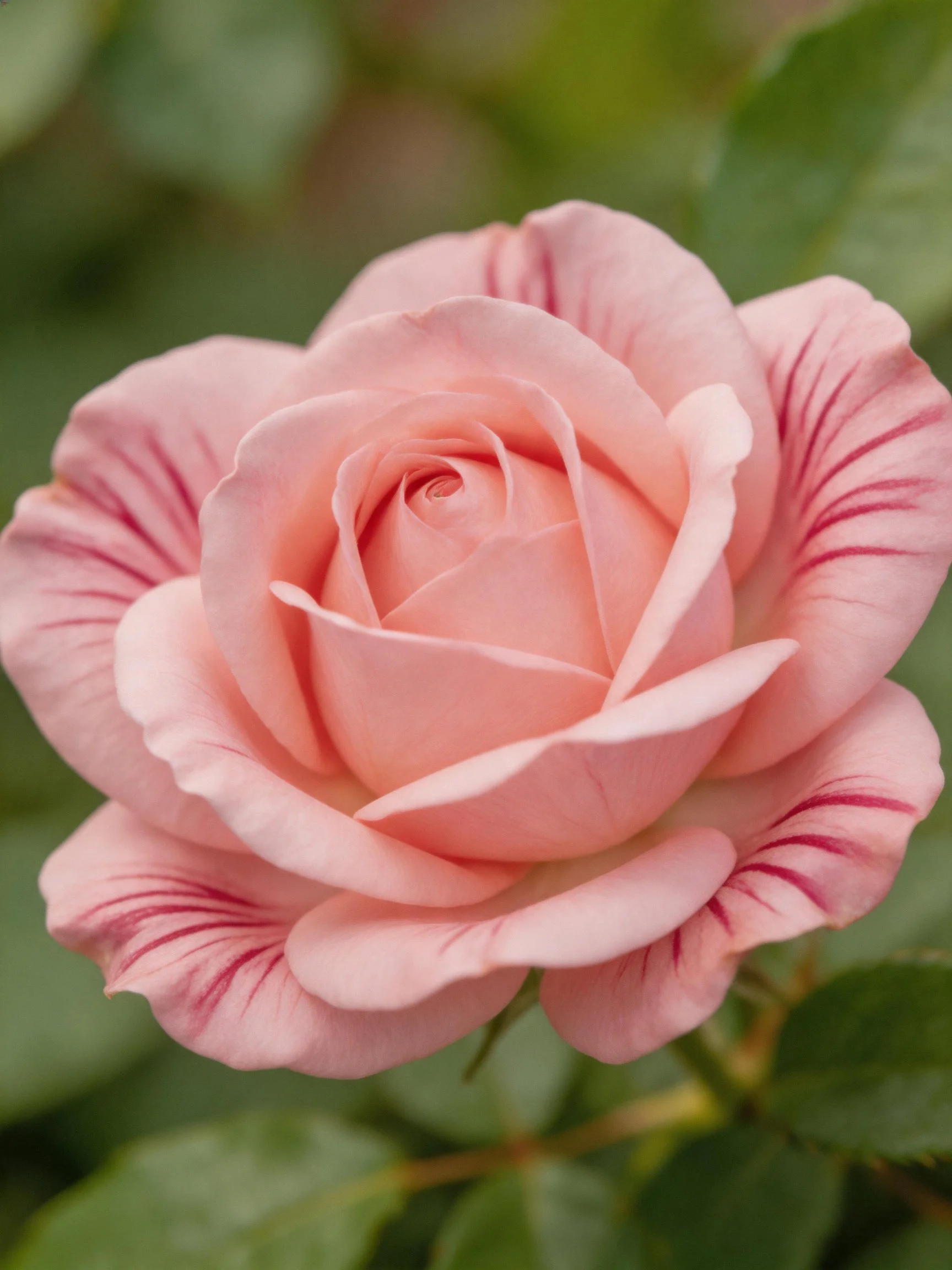 A delicate pink rose with subtle purple petal streaks