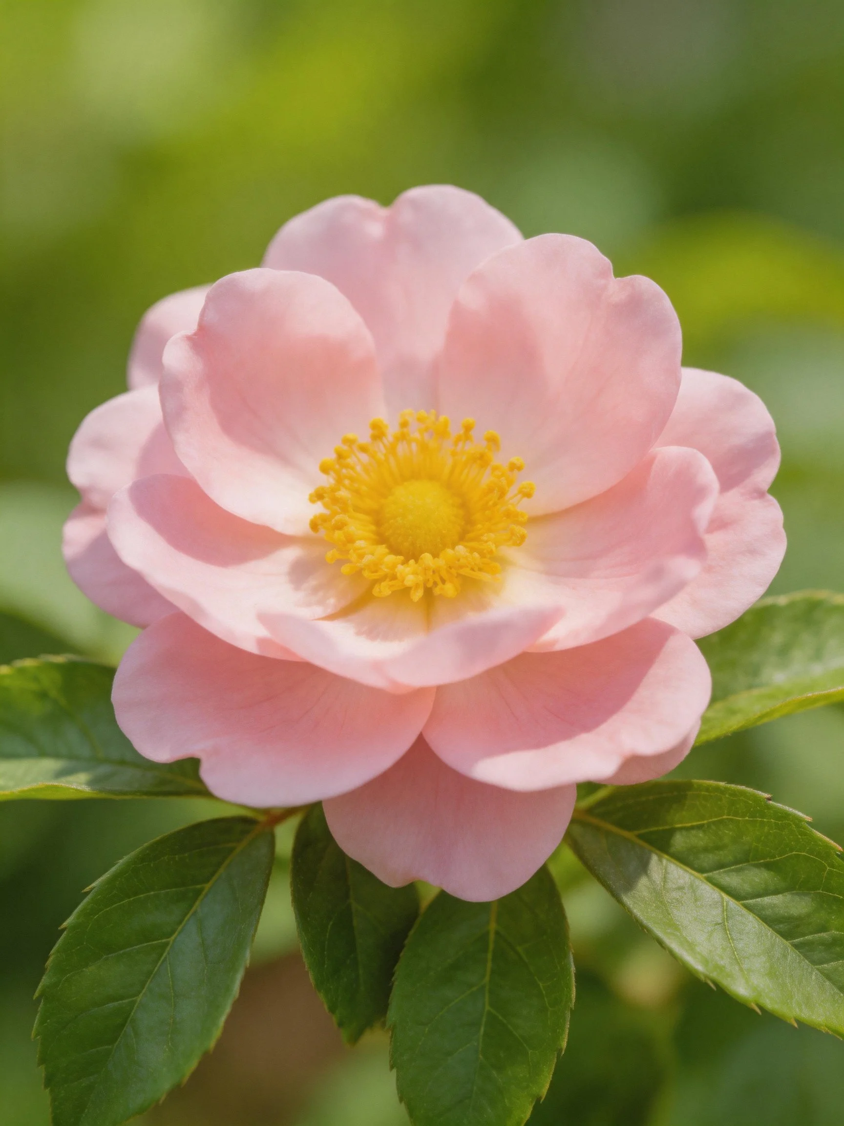 A delicate pink rose with vibrant yellow center and lush green leaves