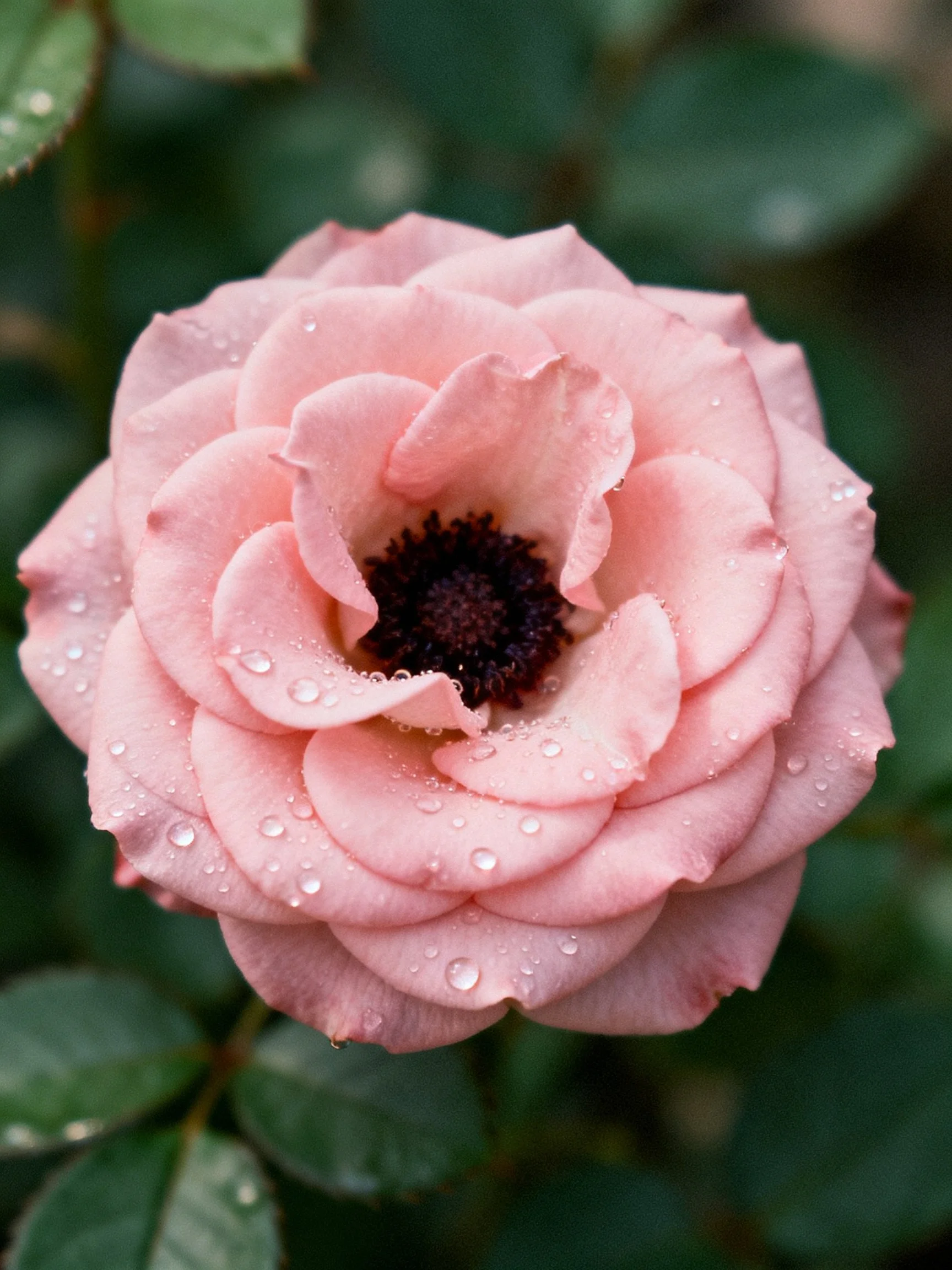 A delicate pink rose with water droplets among green foliage