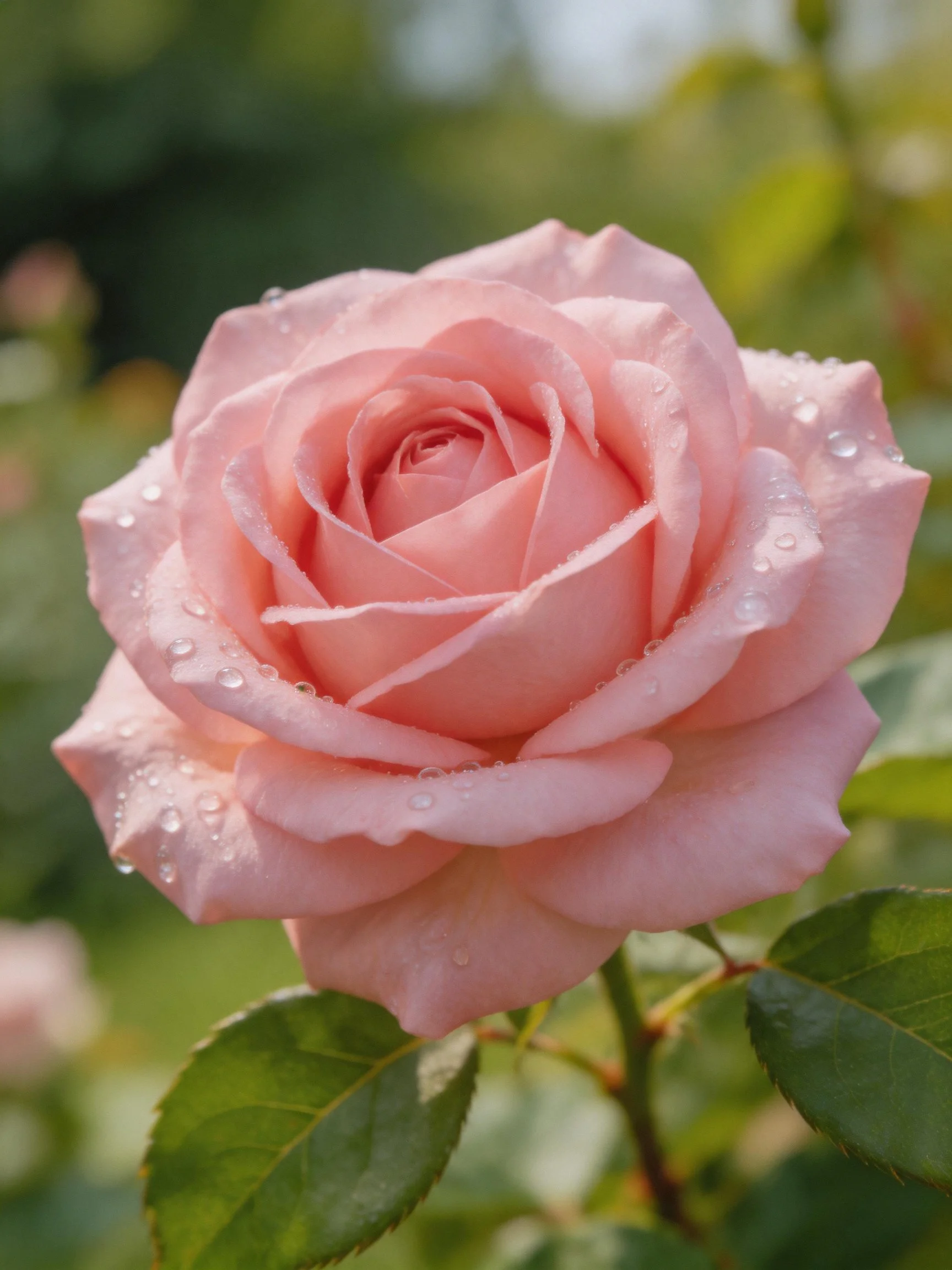 A delicate pink rose with water droplets and green leaves