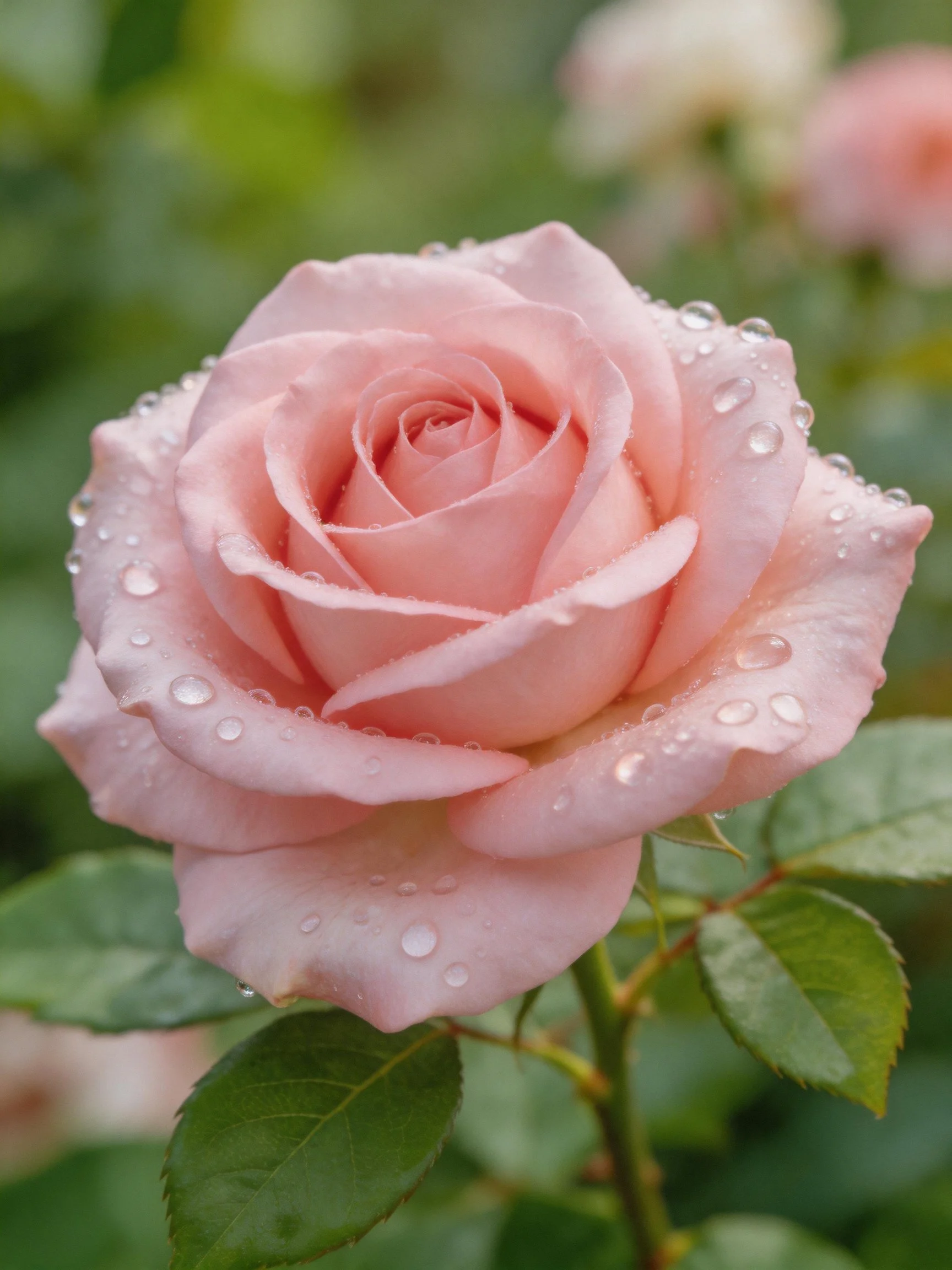 A delicate pink rose with water droplets on petals