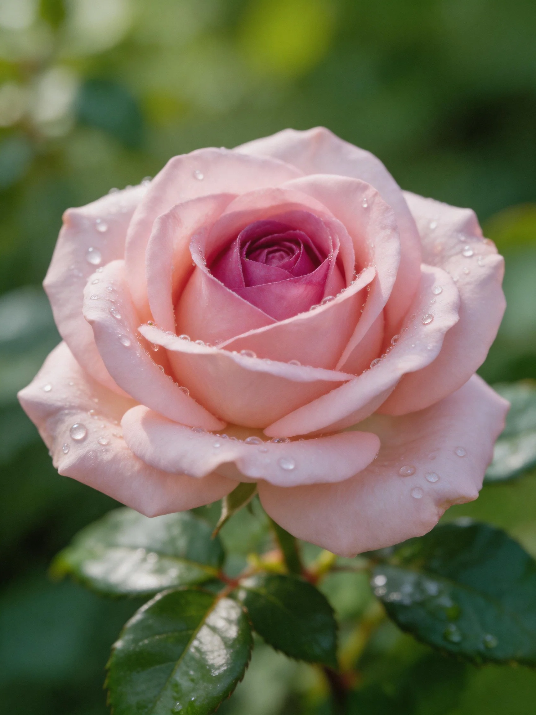 A delicate pink rose with water droplets on petals